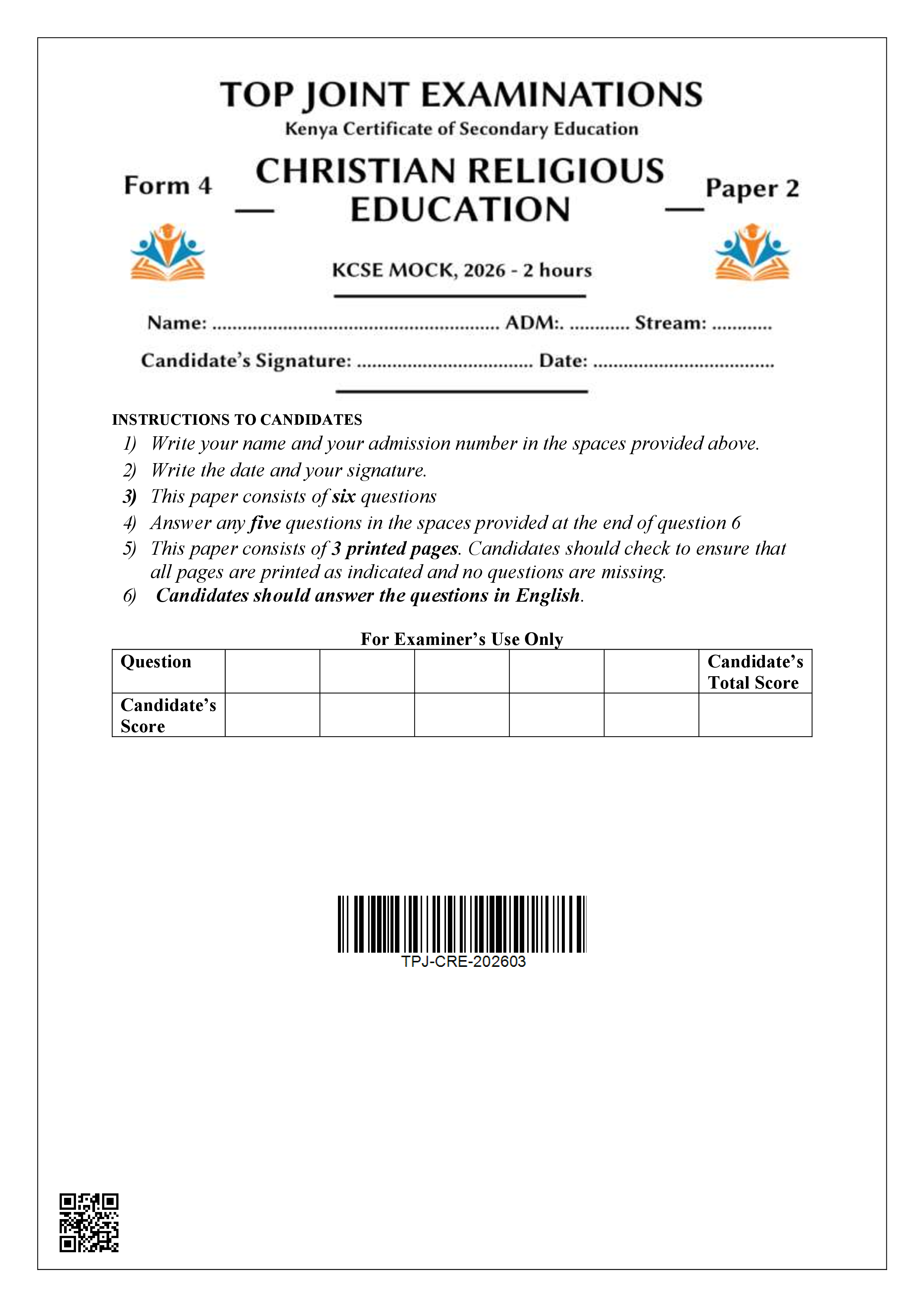 CRE FORM 4 PAPER 2 END TERM 1 2026