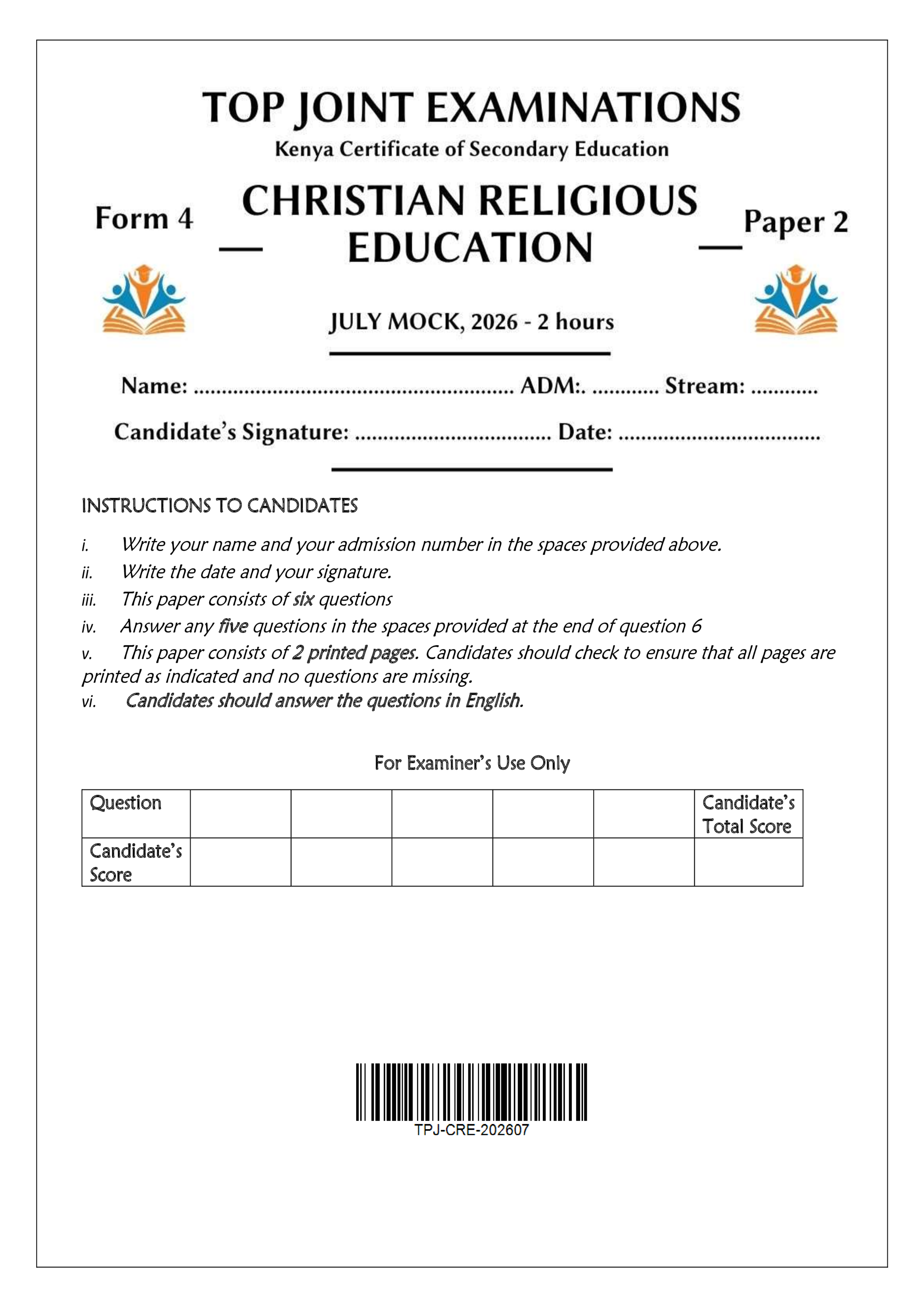CRE FORM 4 PAPER 2 END TERM 2 2026