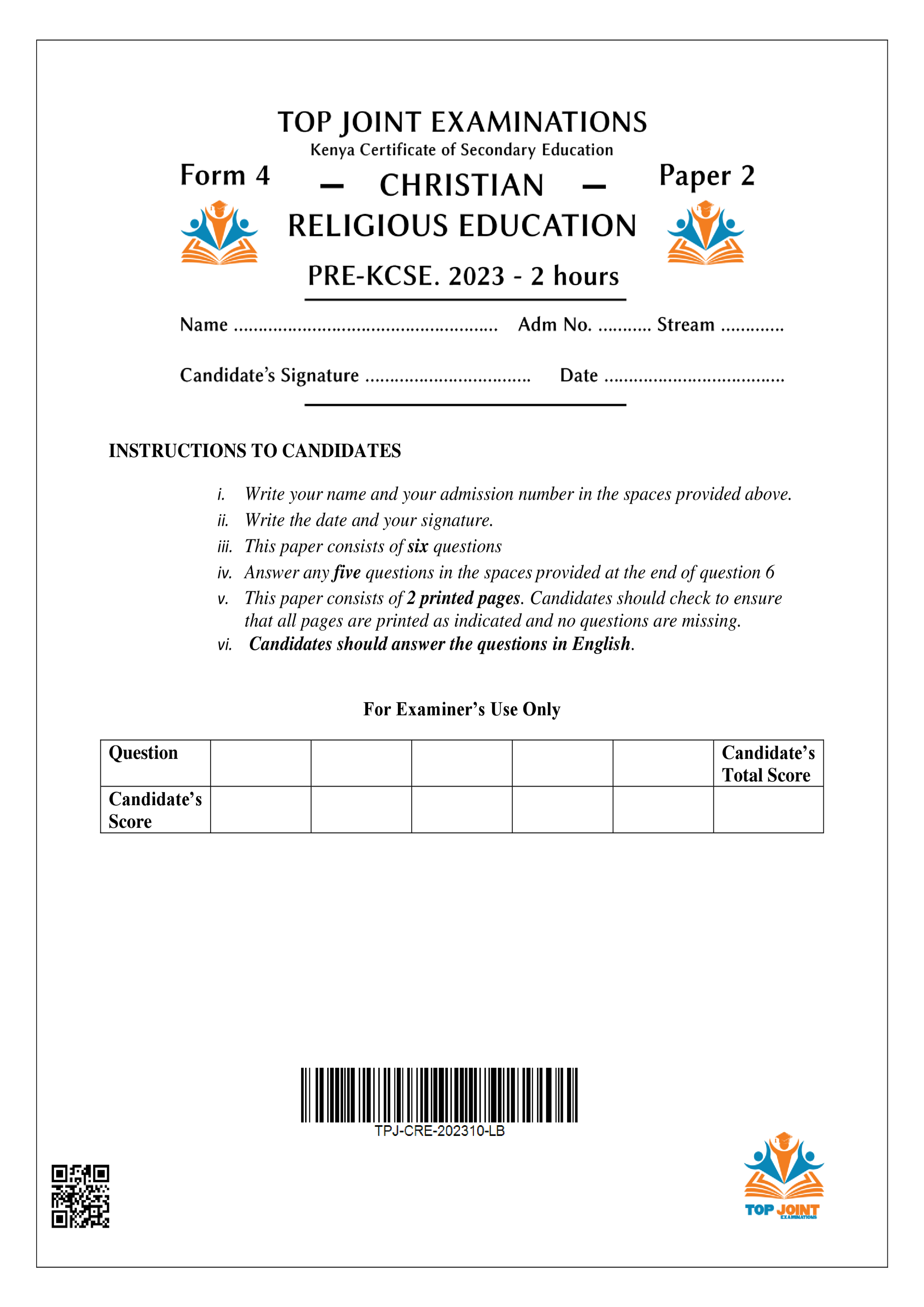 CRE FORM 4 PAPER 2 PRE-KCSE 2023