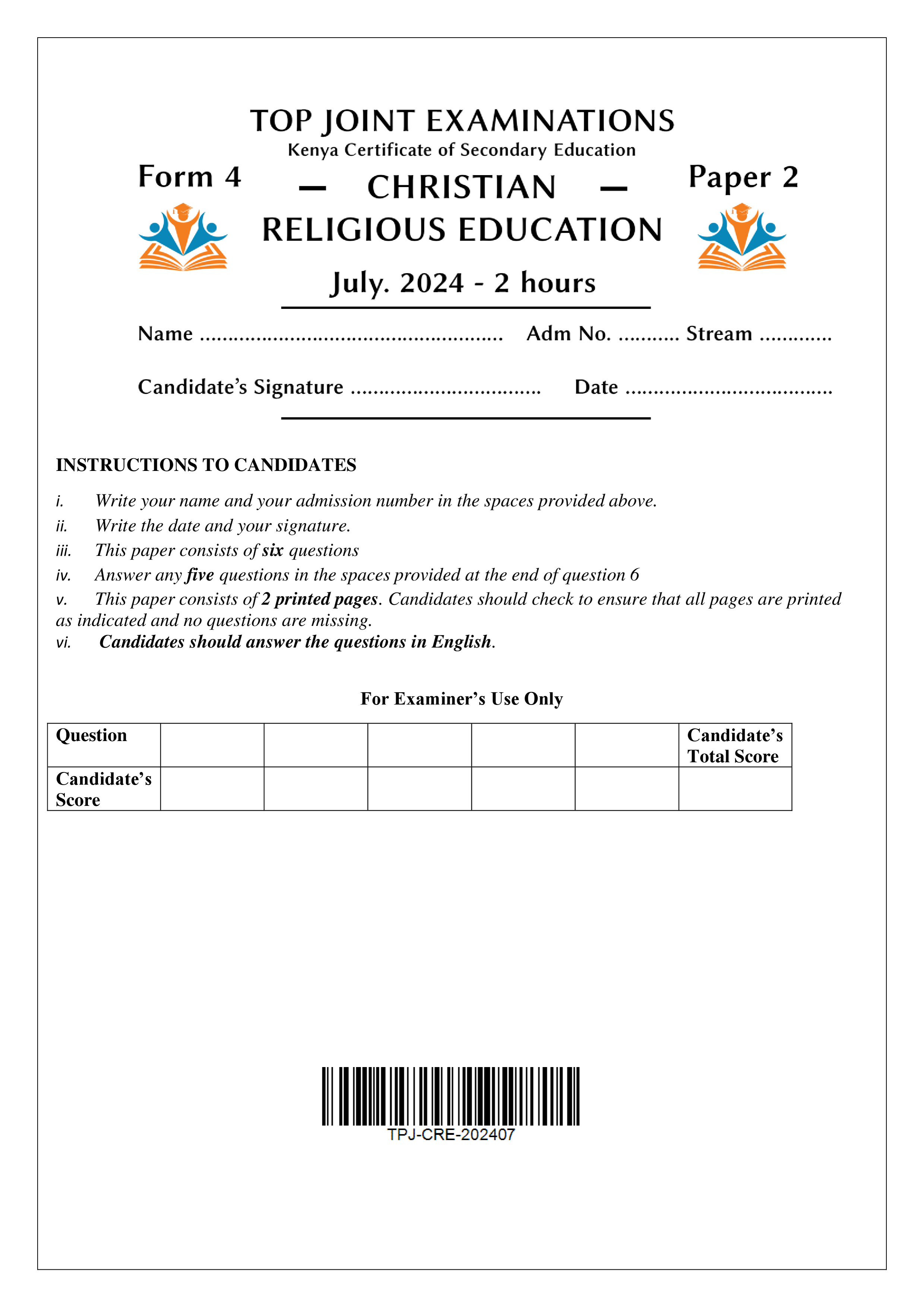 CRE FORM 4 PAPER 2 KCSE MOCK 2024