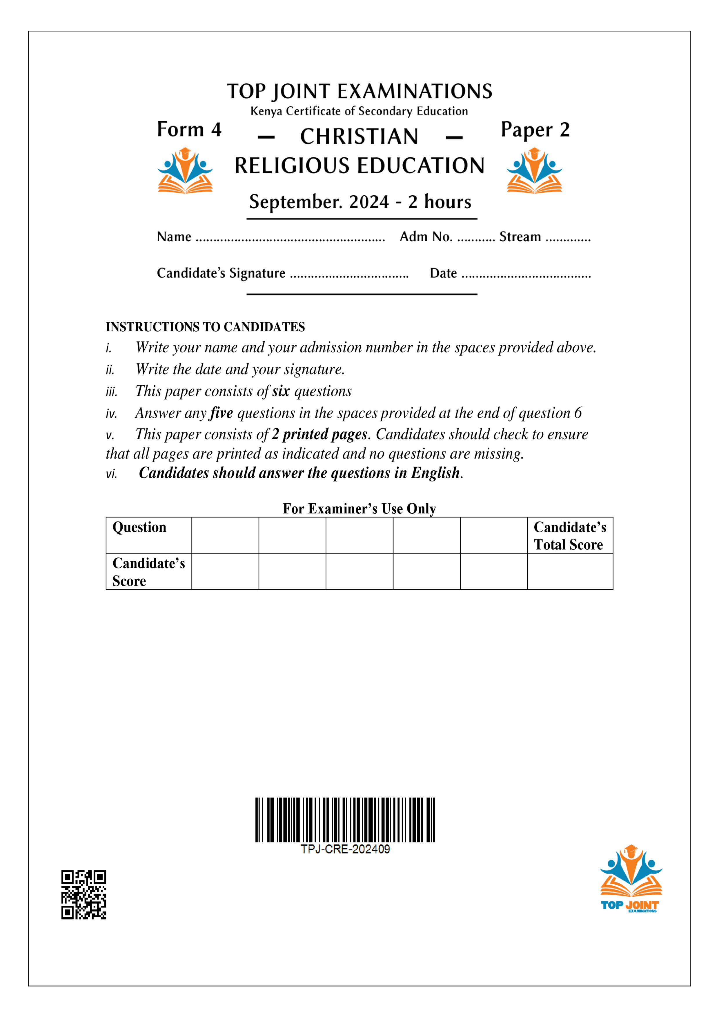 CRE FORM 4 PAPER 2 SERIES 1 TERM 3 2024