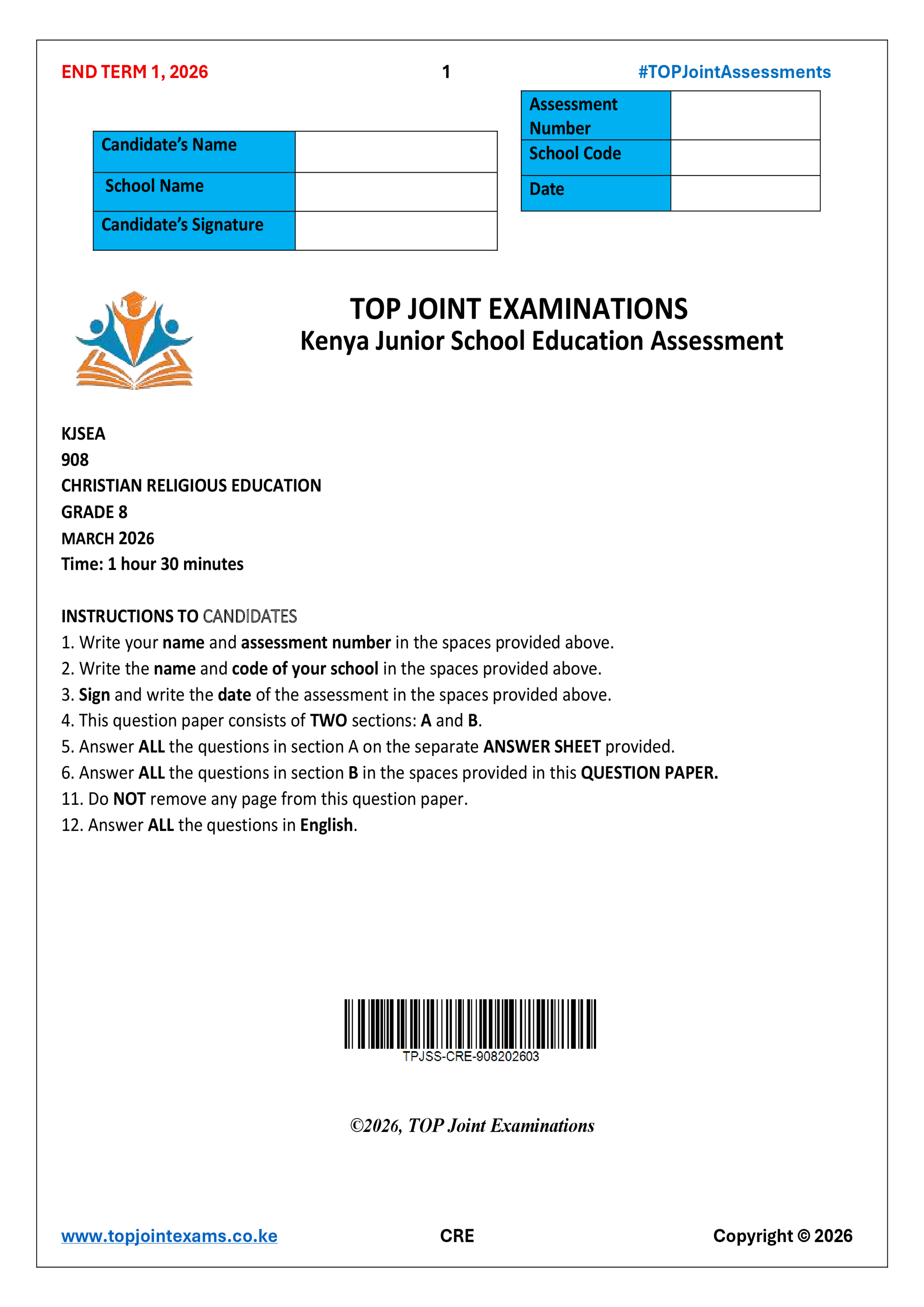 CRE GRADE 8 END TERM 1 2026