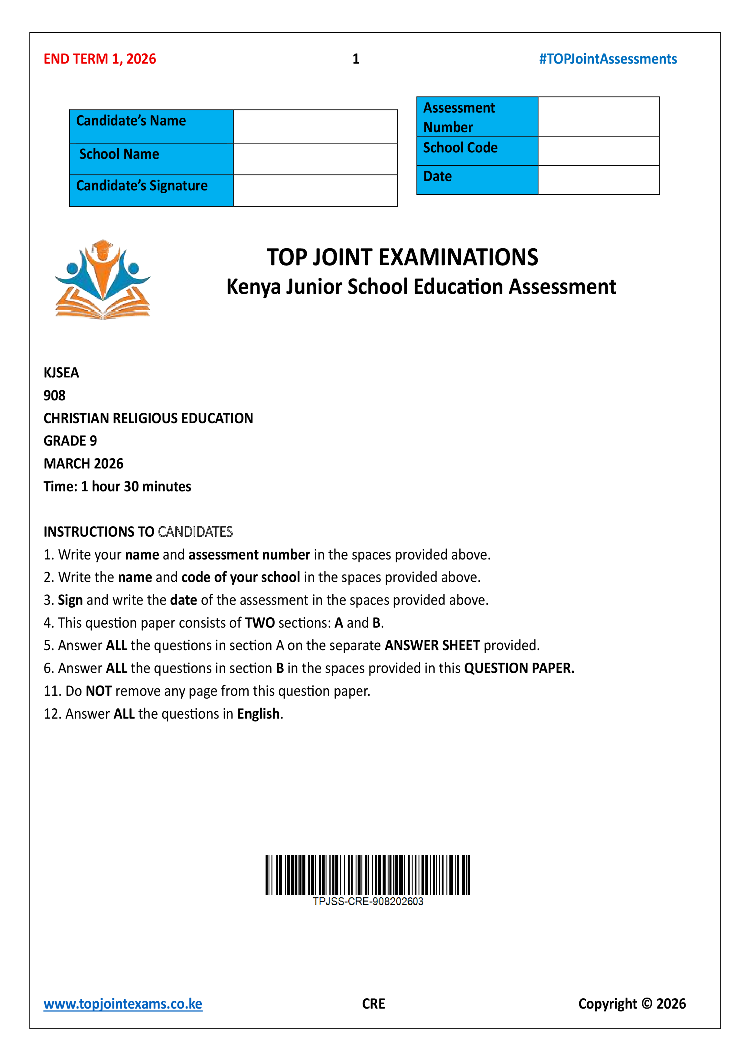 CRE GRADE 9 END TERM 1 2026
