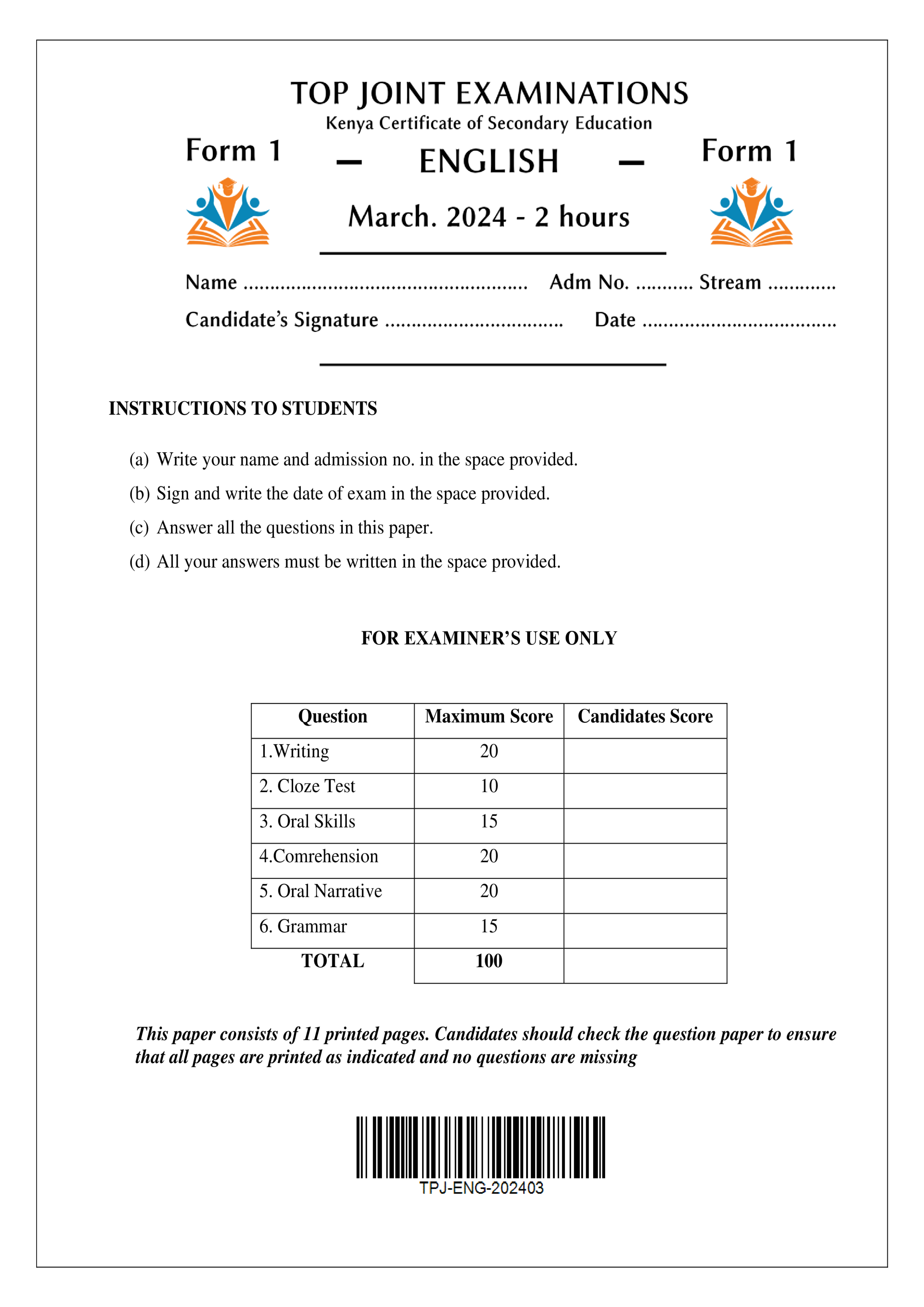 ENGLISH FORM 1 END TERM 1 2024