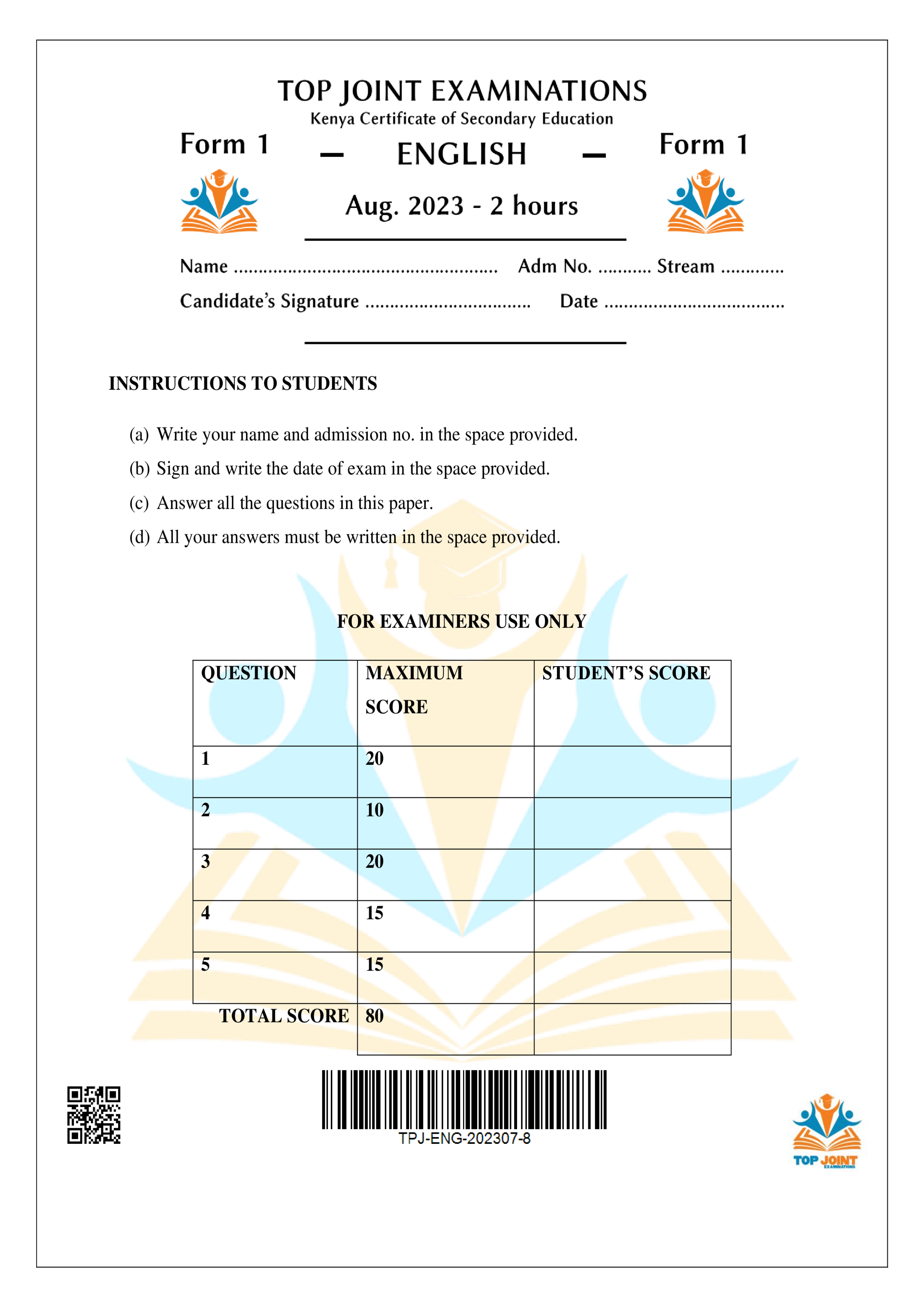 ENGLISH FORM 1 END TERM 2 2023