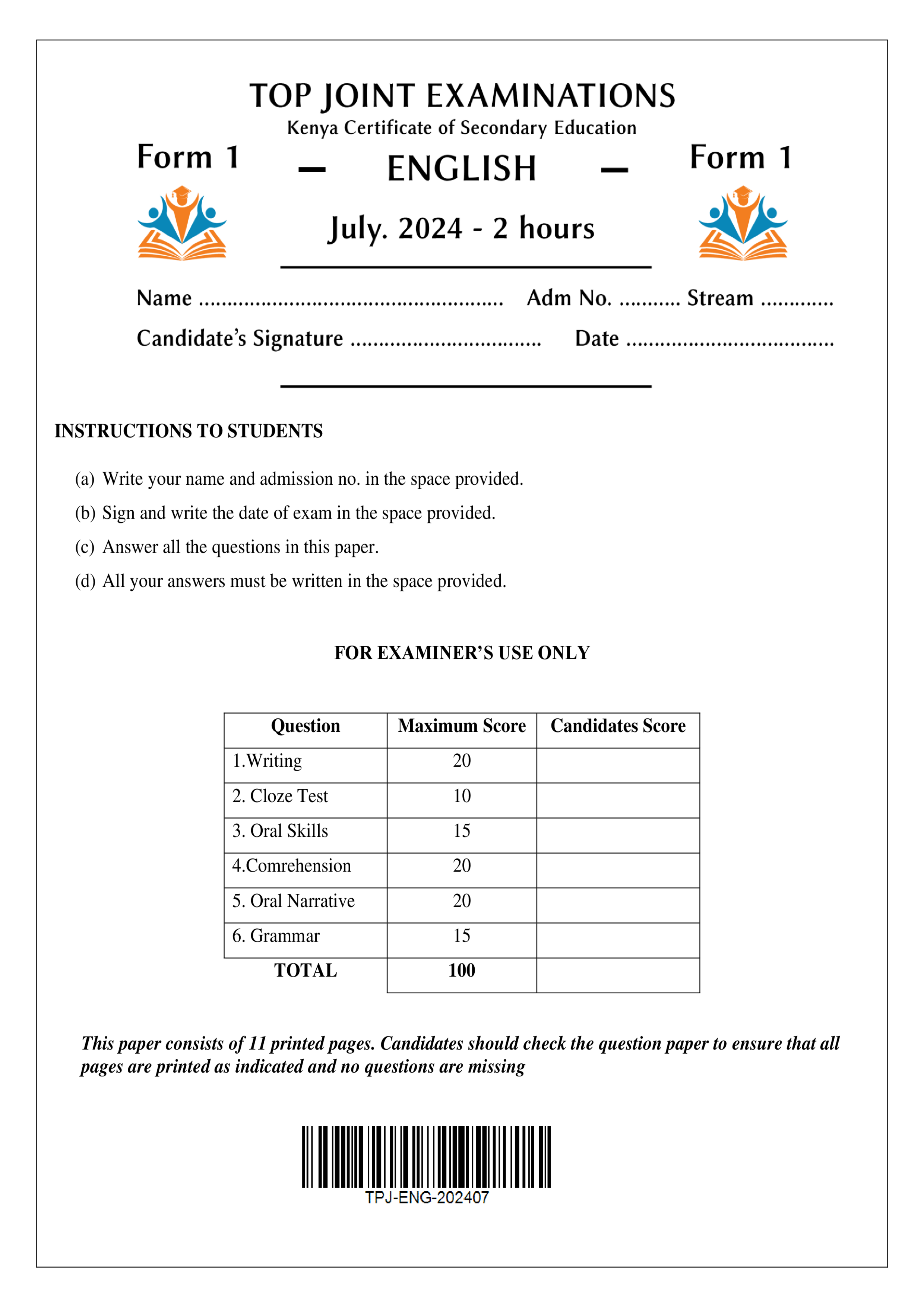 ENGLISH FORM 1 END TERM 2 2024