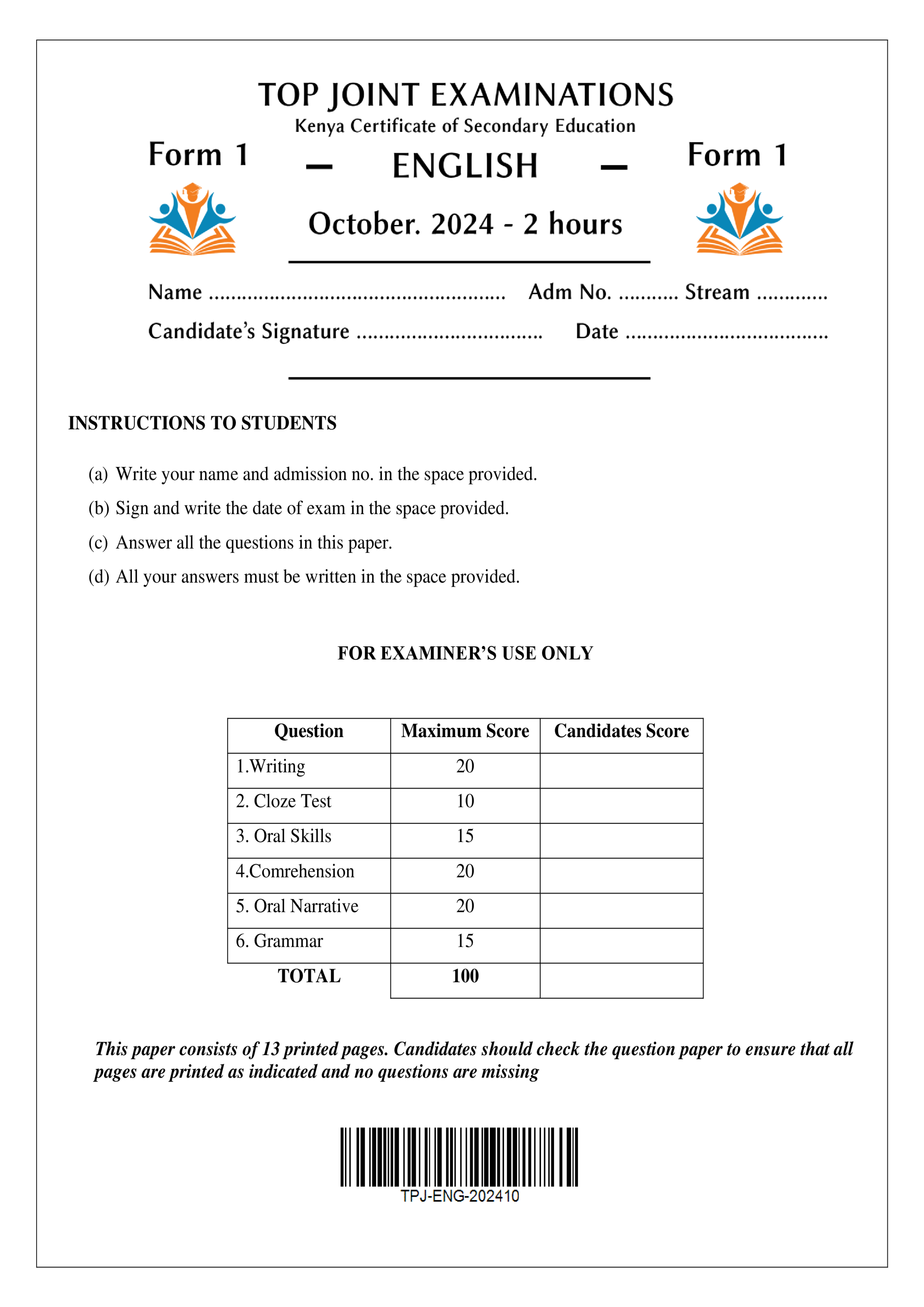 ENGLISH FORM 1 END TERM 3 2024