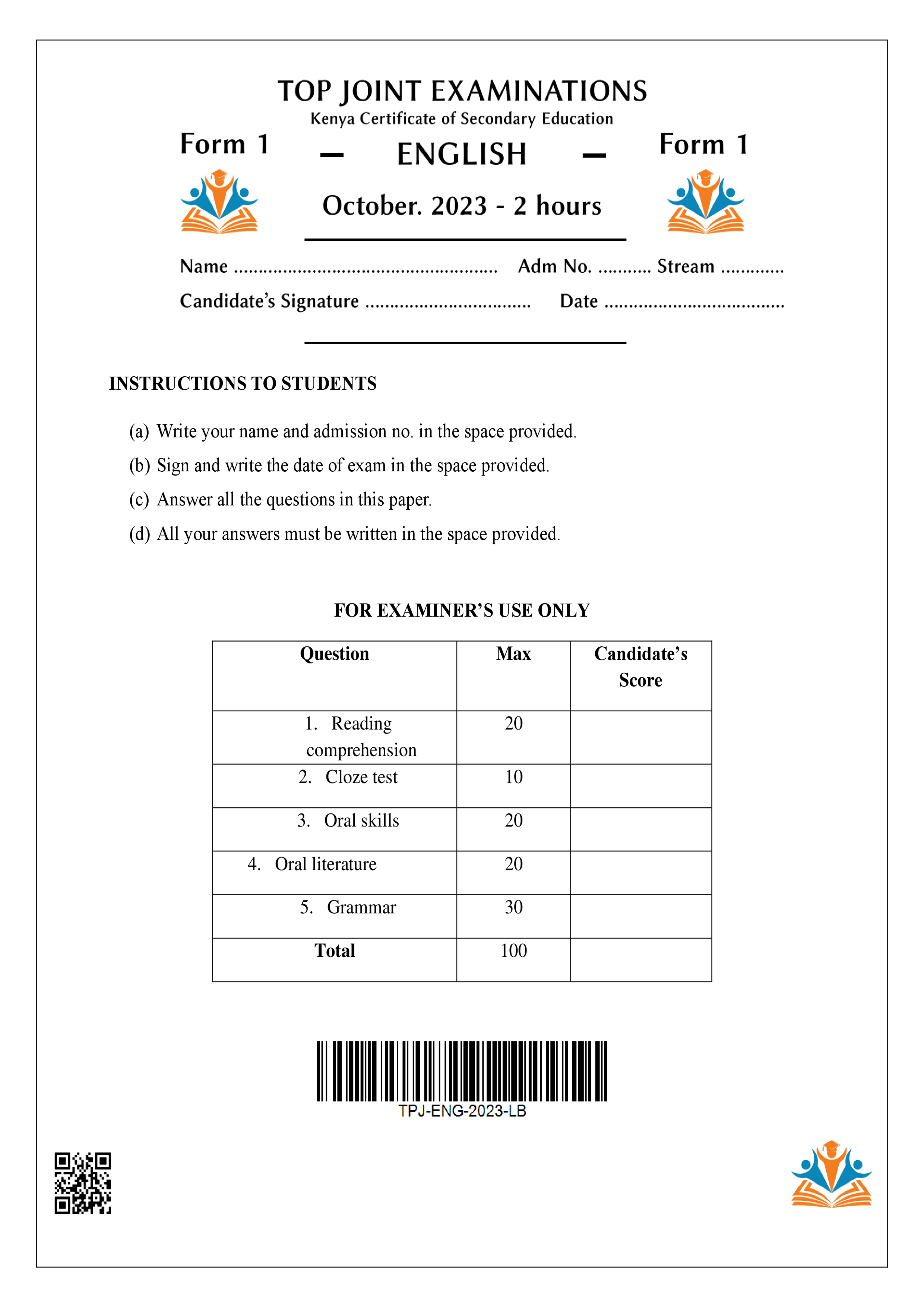 ENGLISH FORM 1 END TERM 3 2023