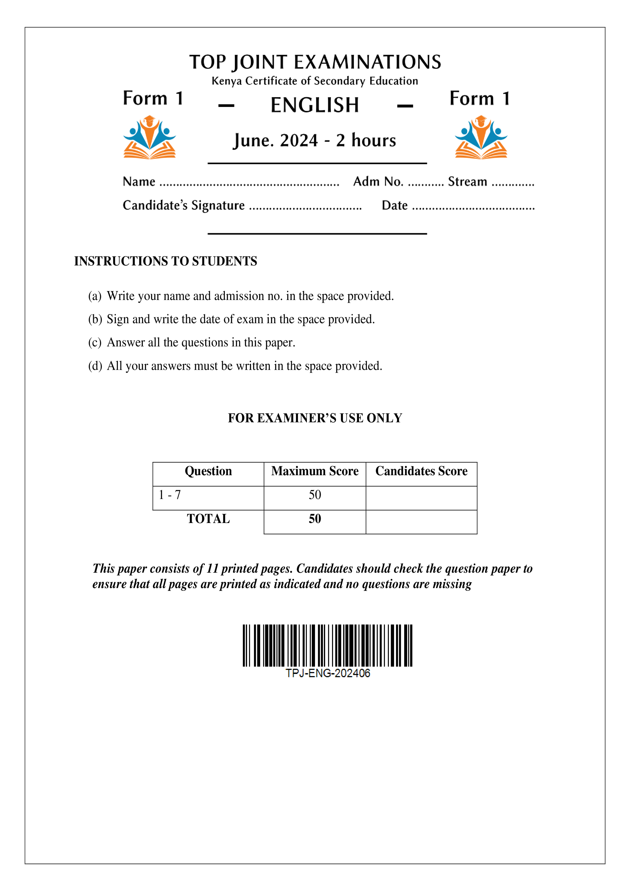 ENGLISH FORM 1 MID TERM 2 2024