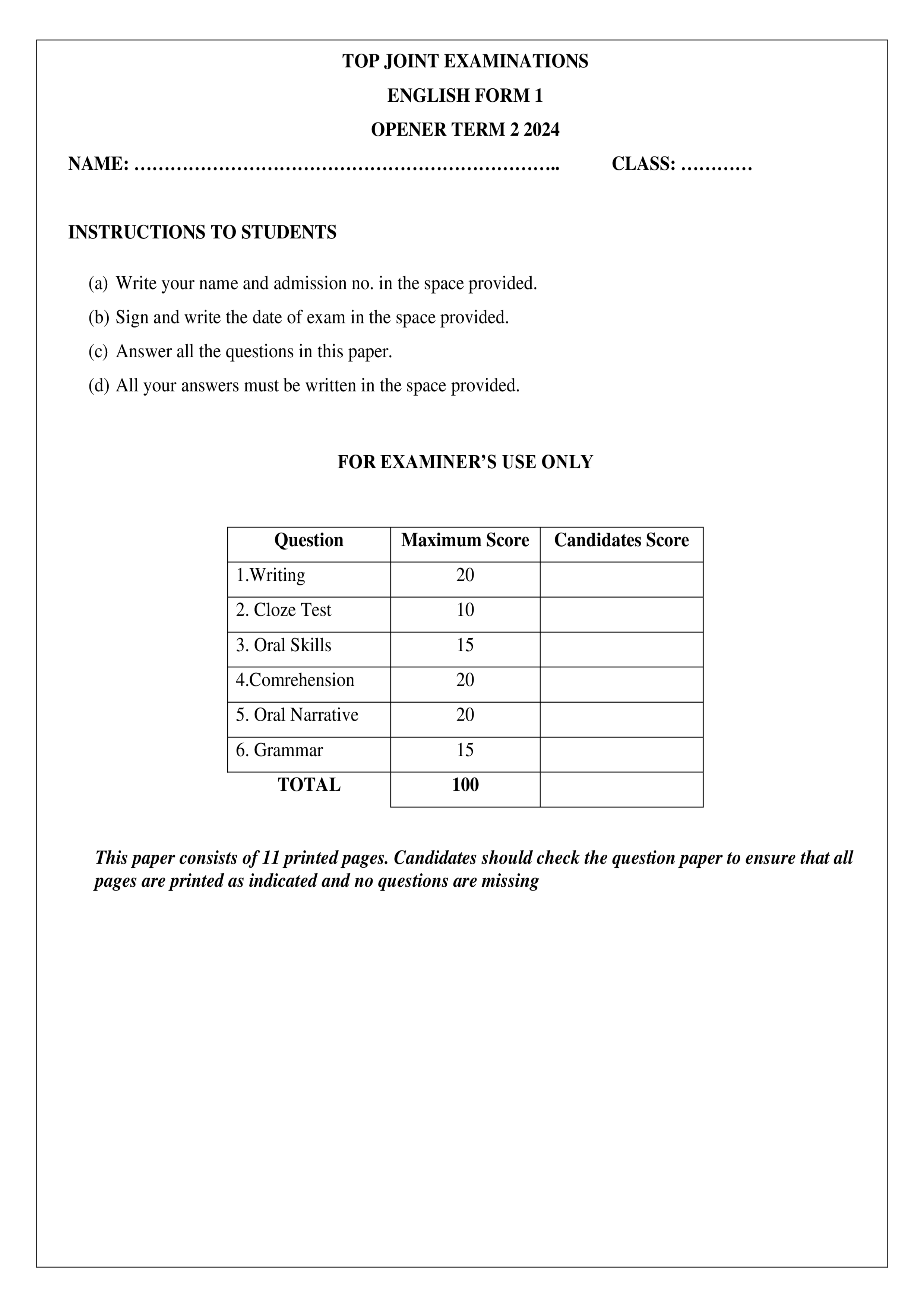 ENGLISH FORM 1 OPENER TERM 2 2024