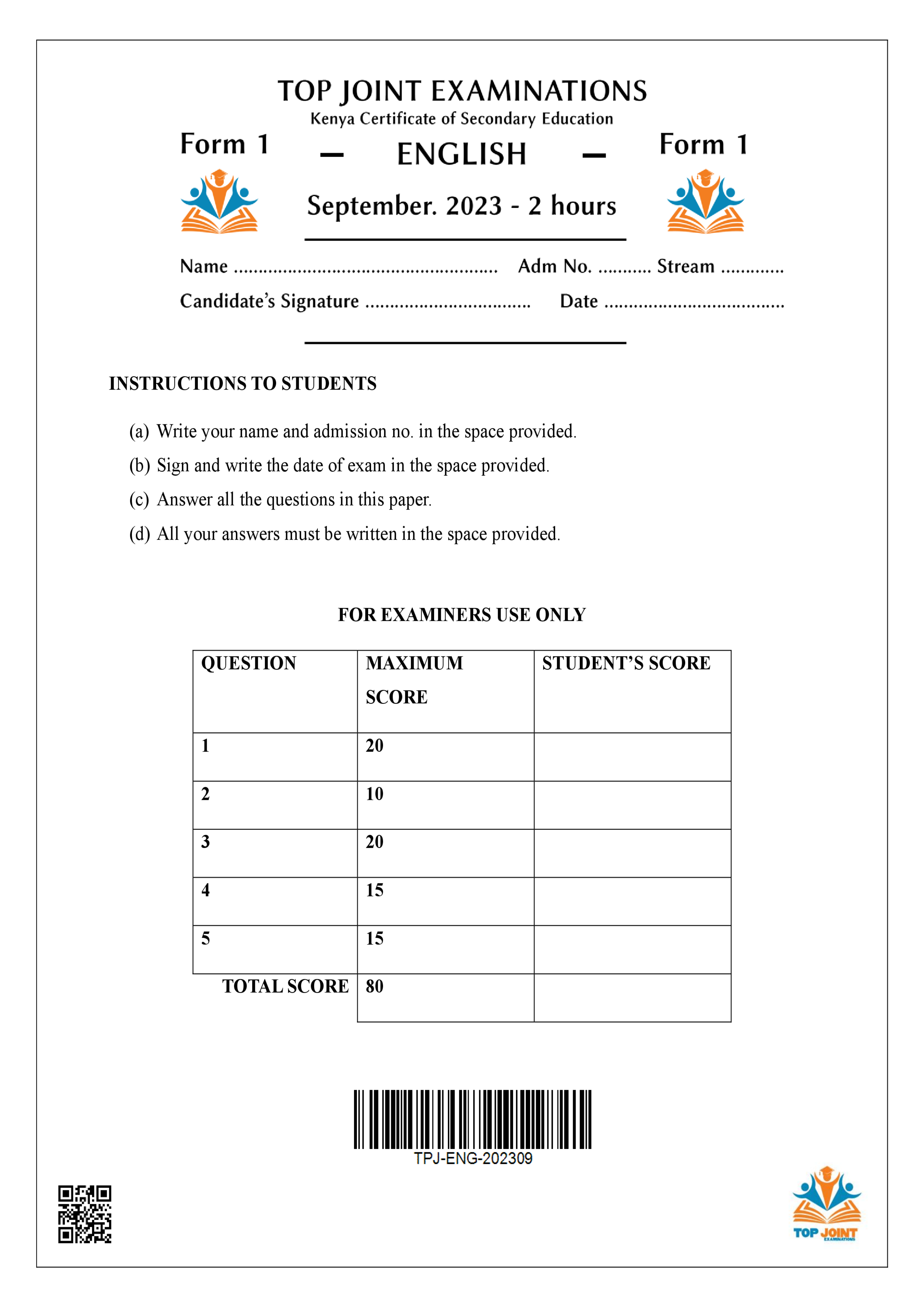 ENGLISH FORM 1 OPENER TERM 3 2023