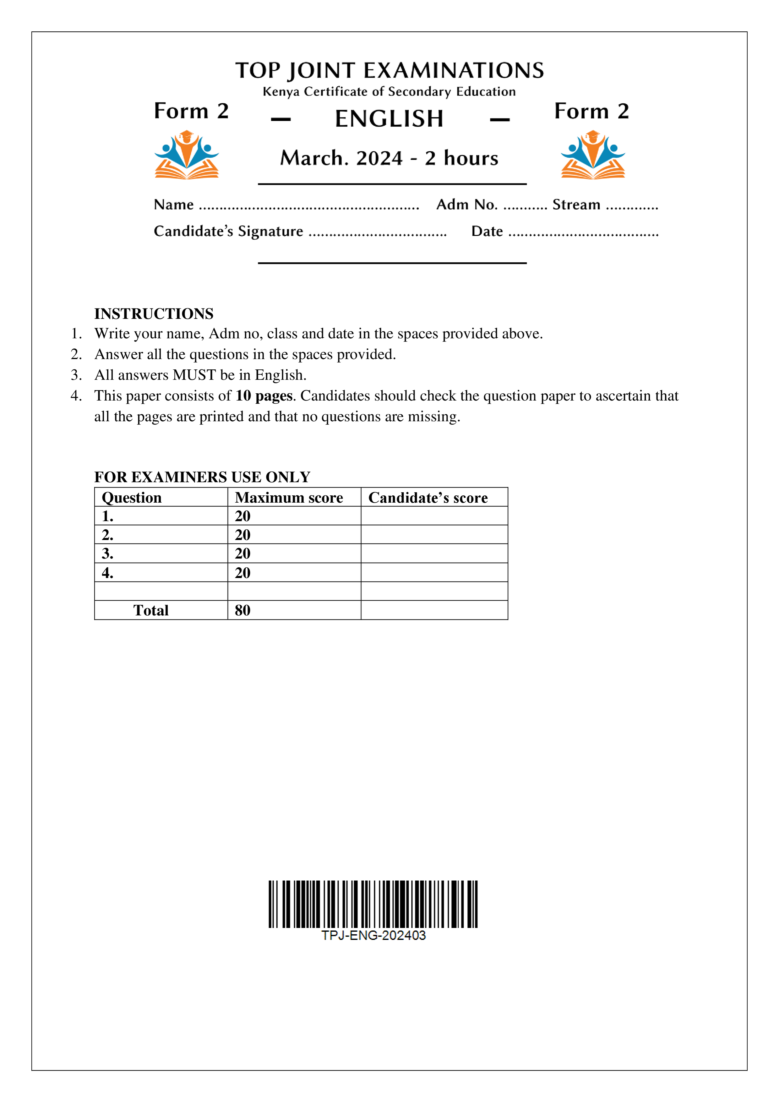 ENGLISH FORM 2 END TERM 1 2024
