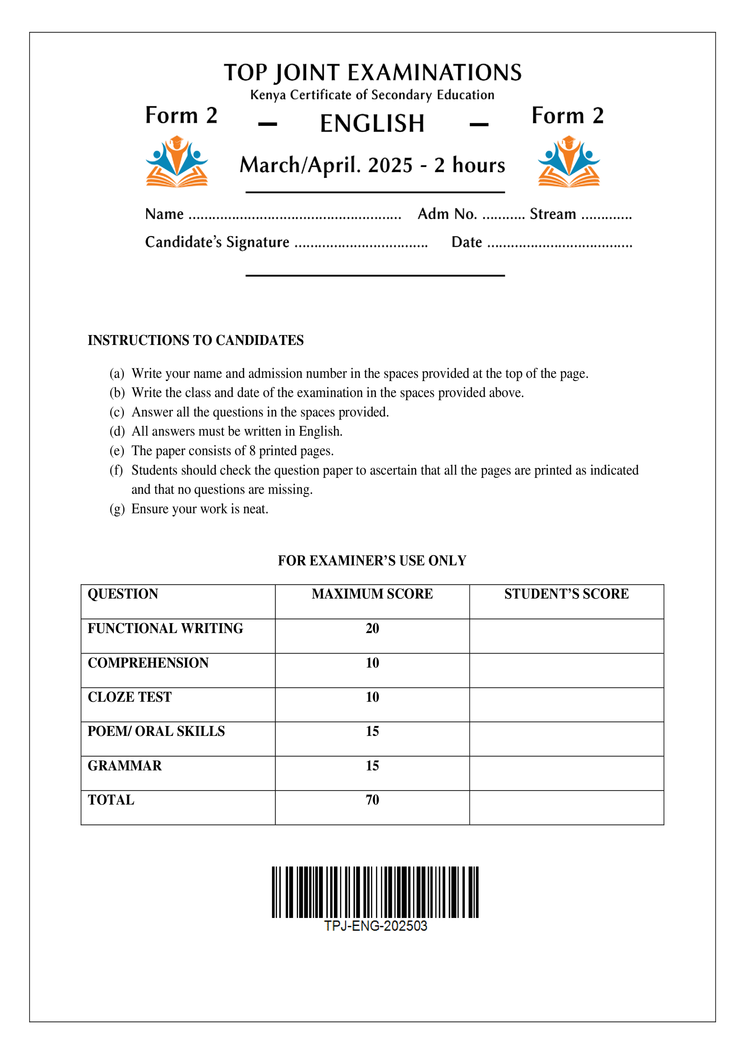 ENGLISH FORM 2 END TERM 1 2025