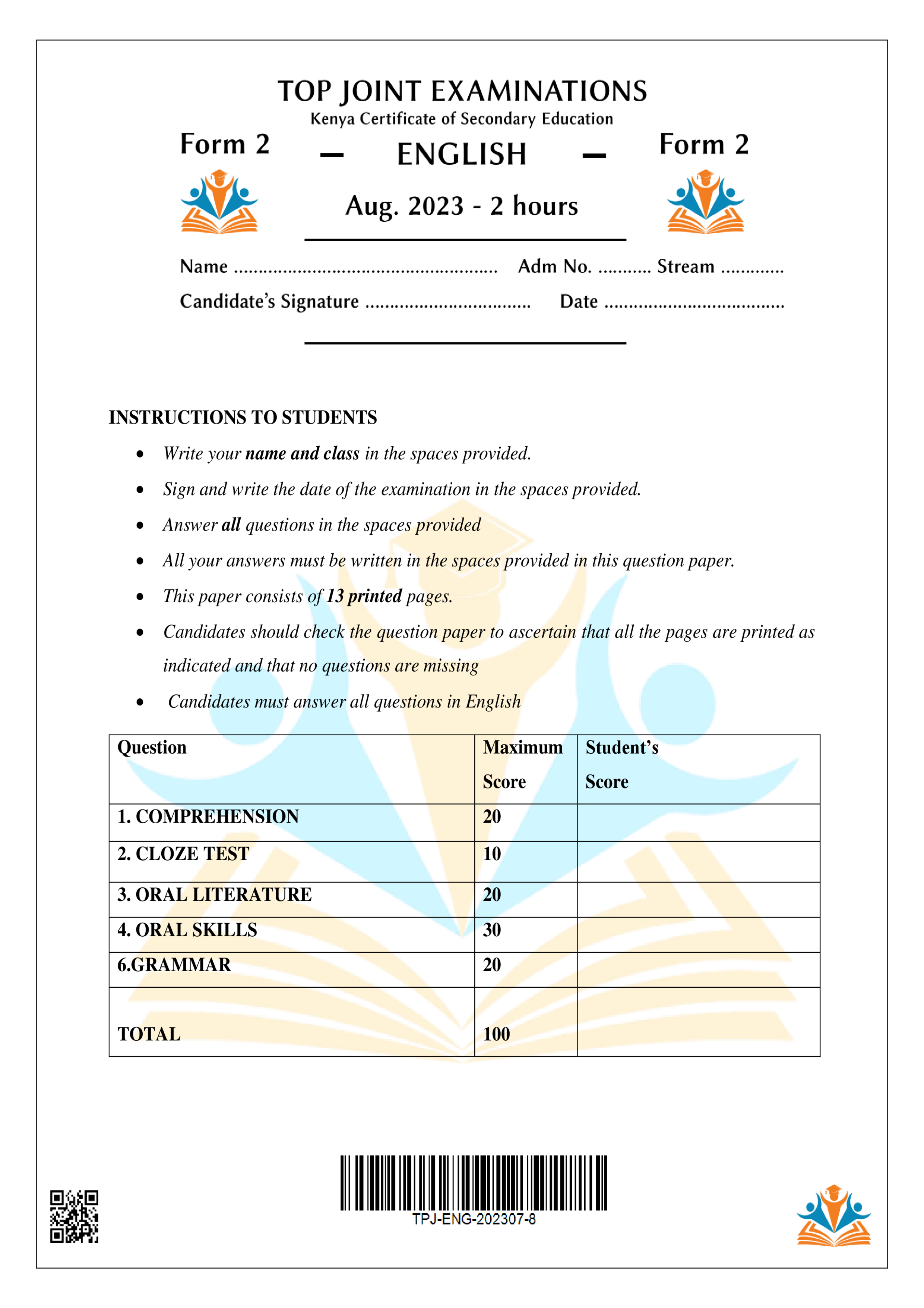 ENGLISH FORM 2 END TERM 2 2023