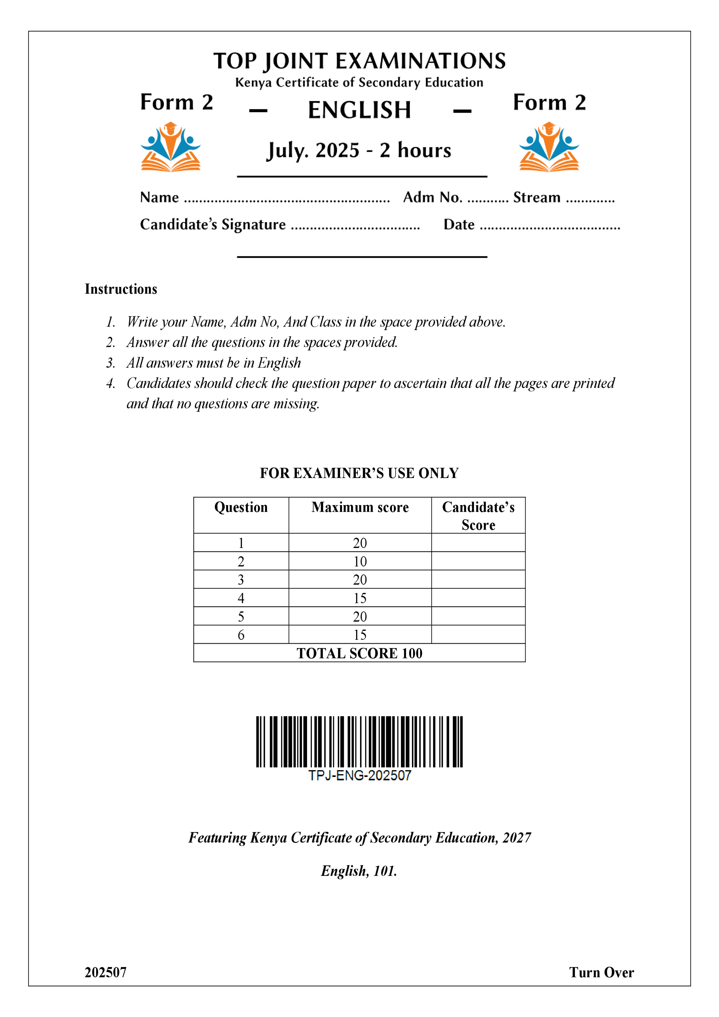 ENGLISH FORM 2 END TERM 2 2025