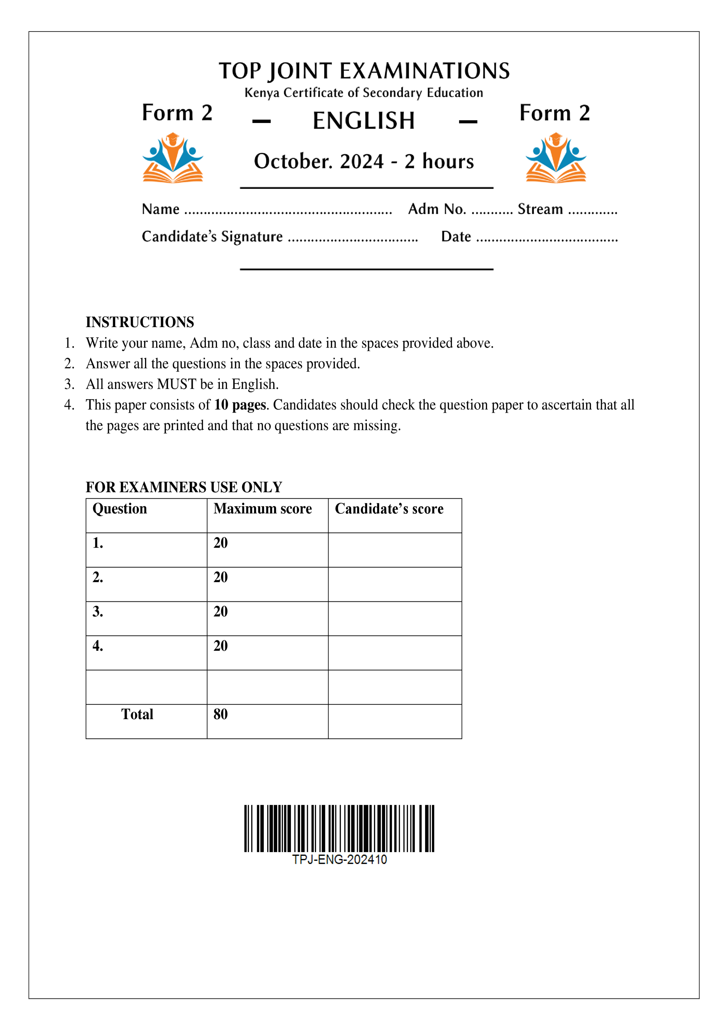 ENGLISH FORM 2 END TERM 3 2024