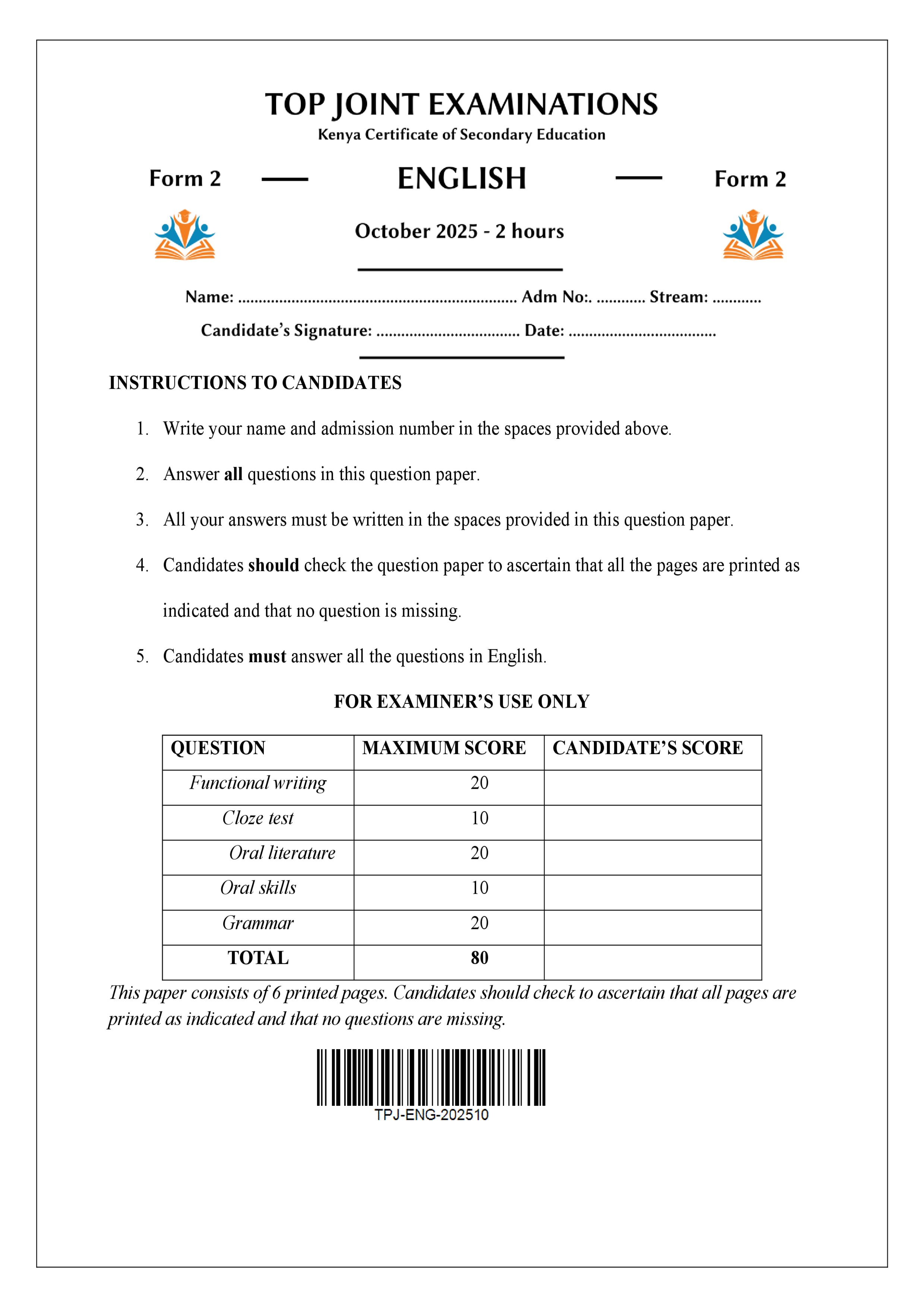 ENGLISH FORM 2 END TERM 3 2025