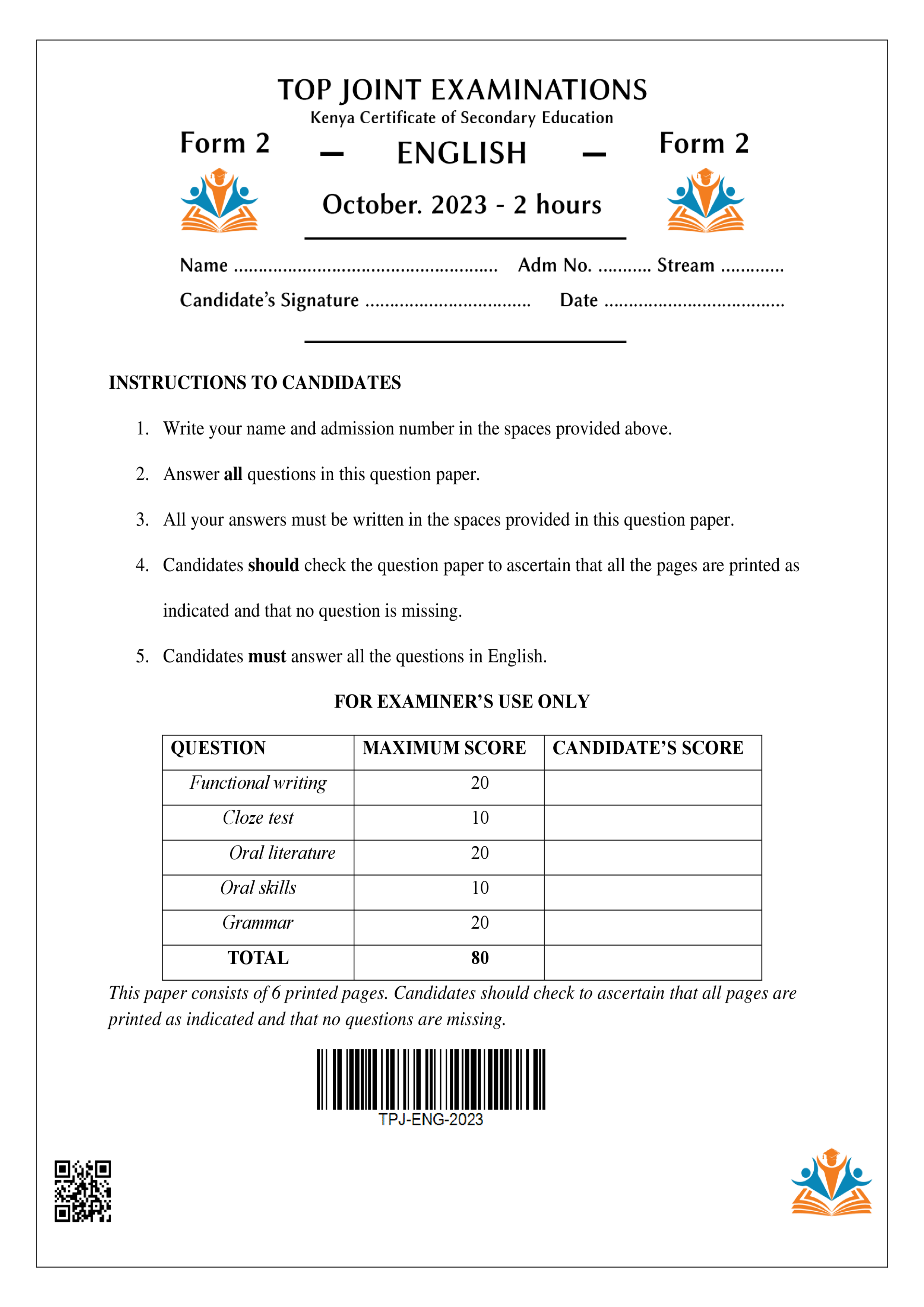 ENGLISH FORM 2 END TERM 3 2023