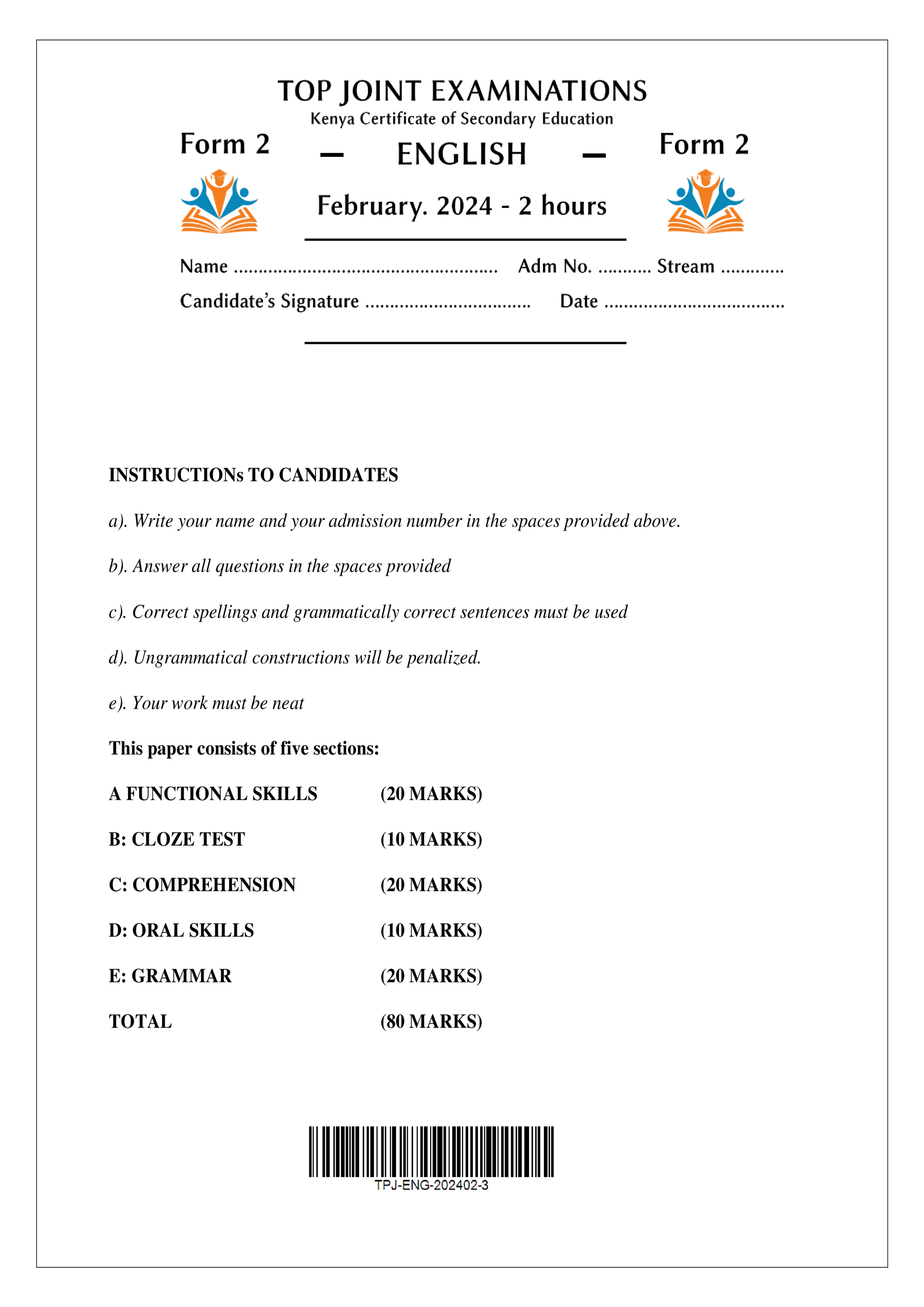 ENGLISH FORM 2 MID TERM 1 2024