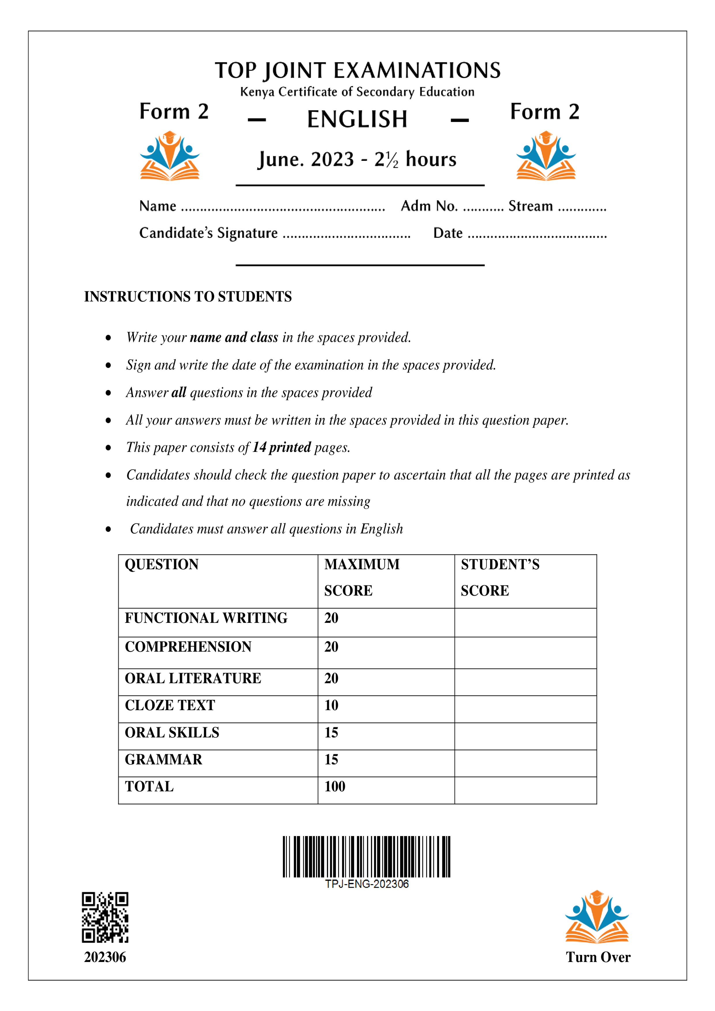 ENGLISH FORM 2 MID TERM 2 2023