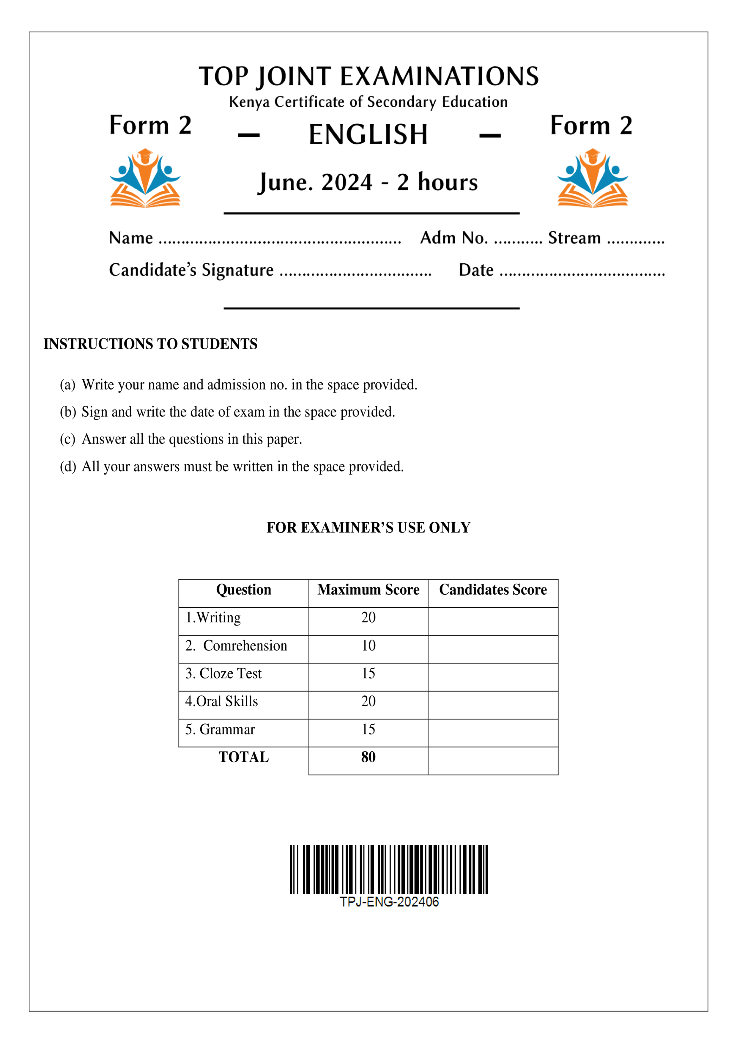 ENGLISH FORM 2 MID TERM 2 2024