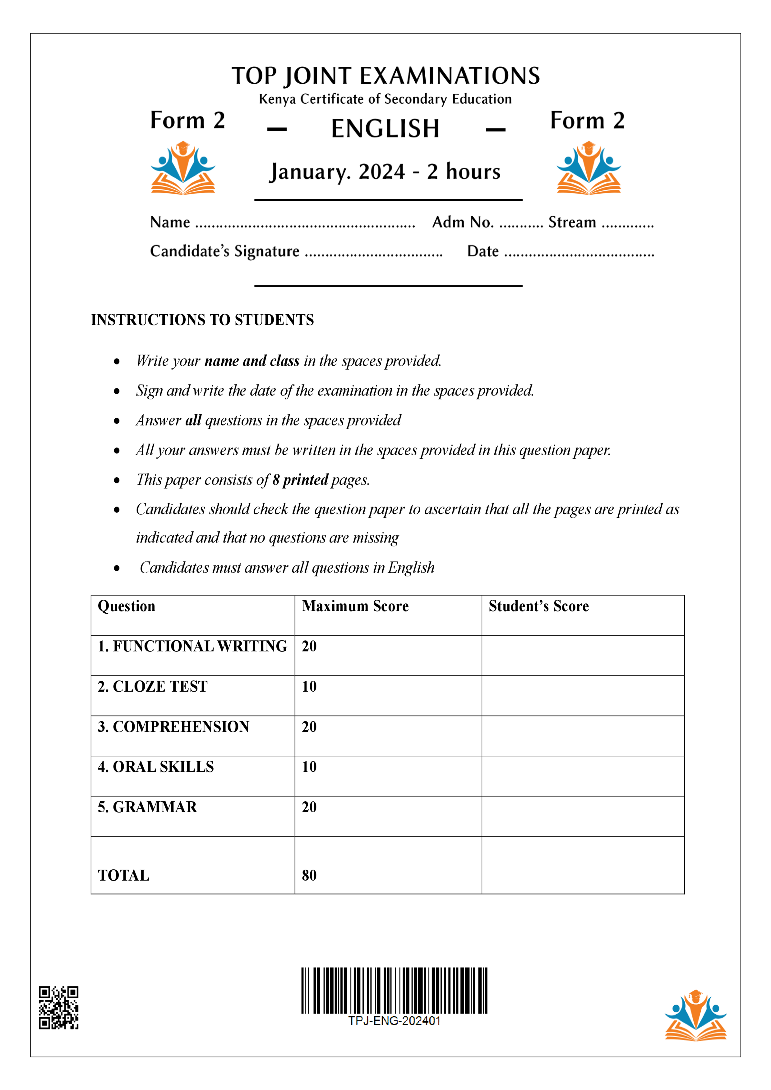 ENGLISH FORM 2 OPENER TERM 1 2024