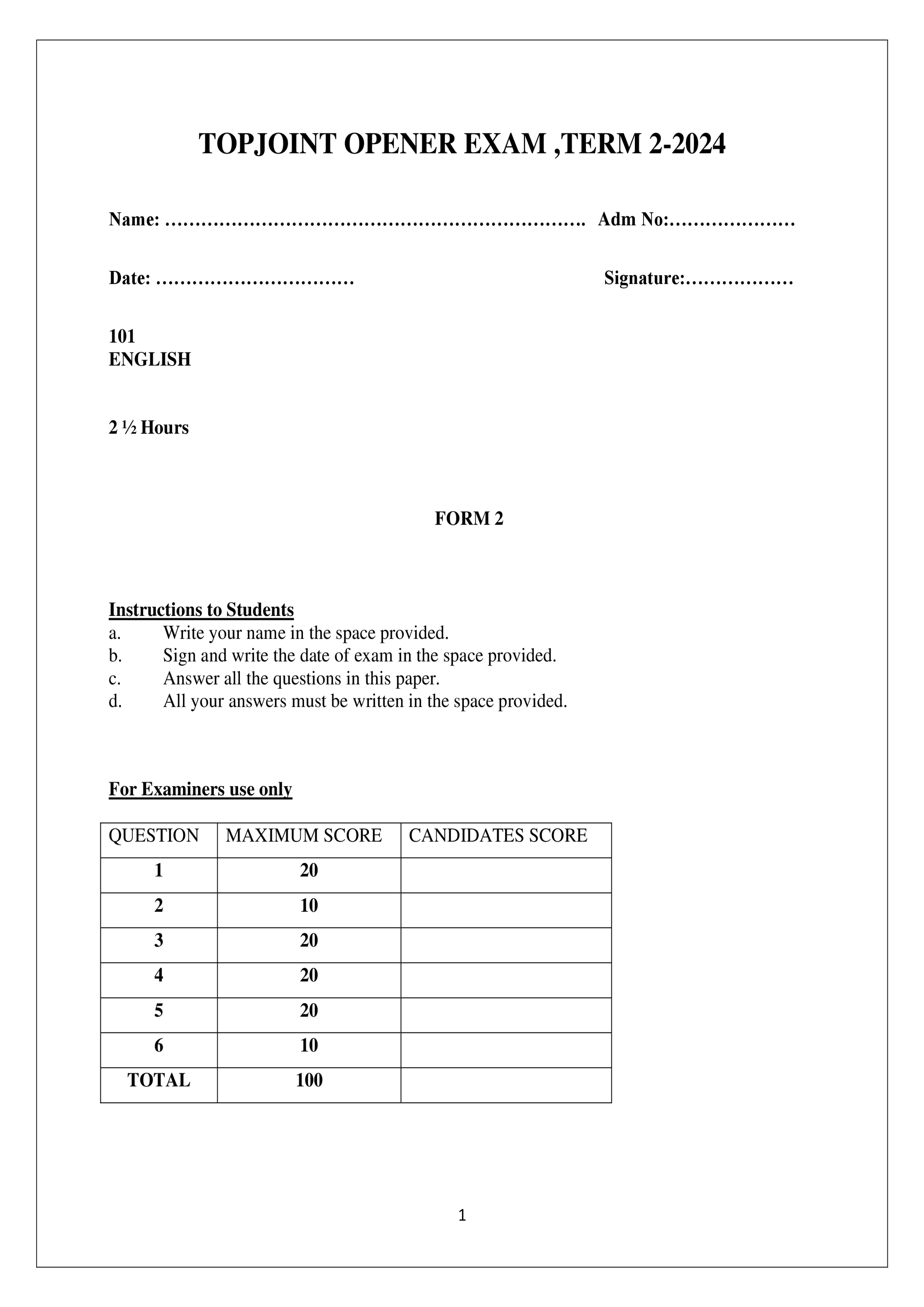ENGLISH FORM 2 OPENER TERM 2 2024