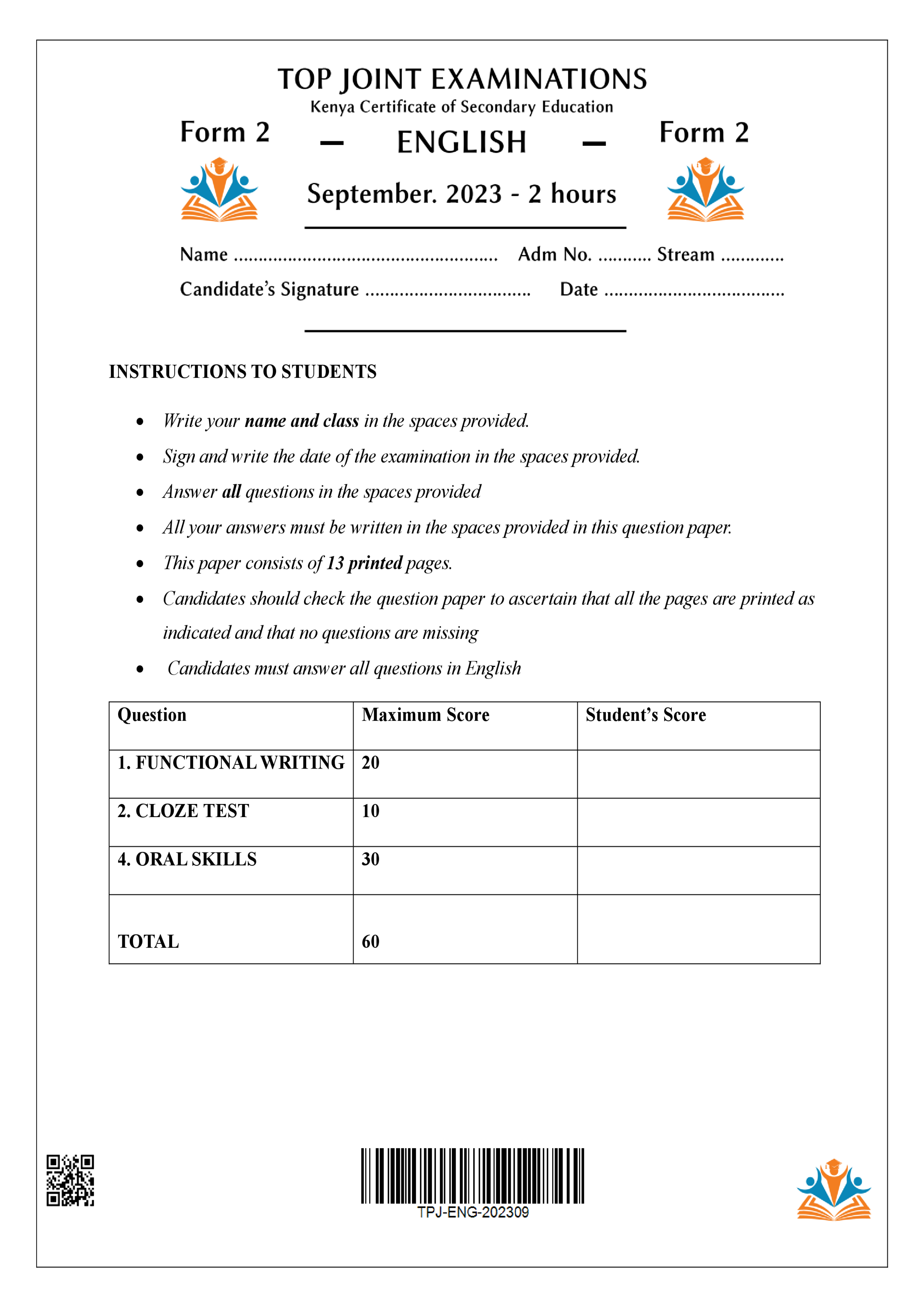 ENGLISH FORM 2 OPENER TERM 3 2023