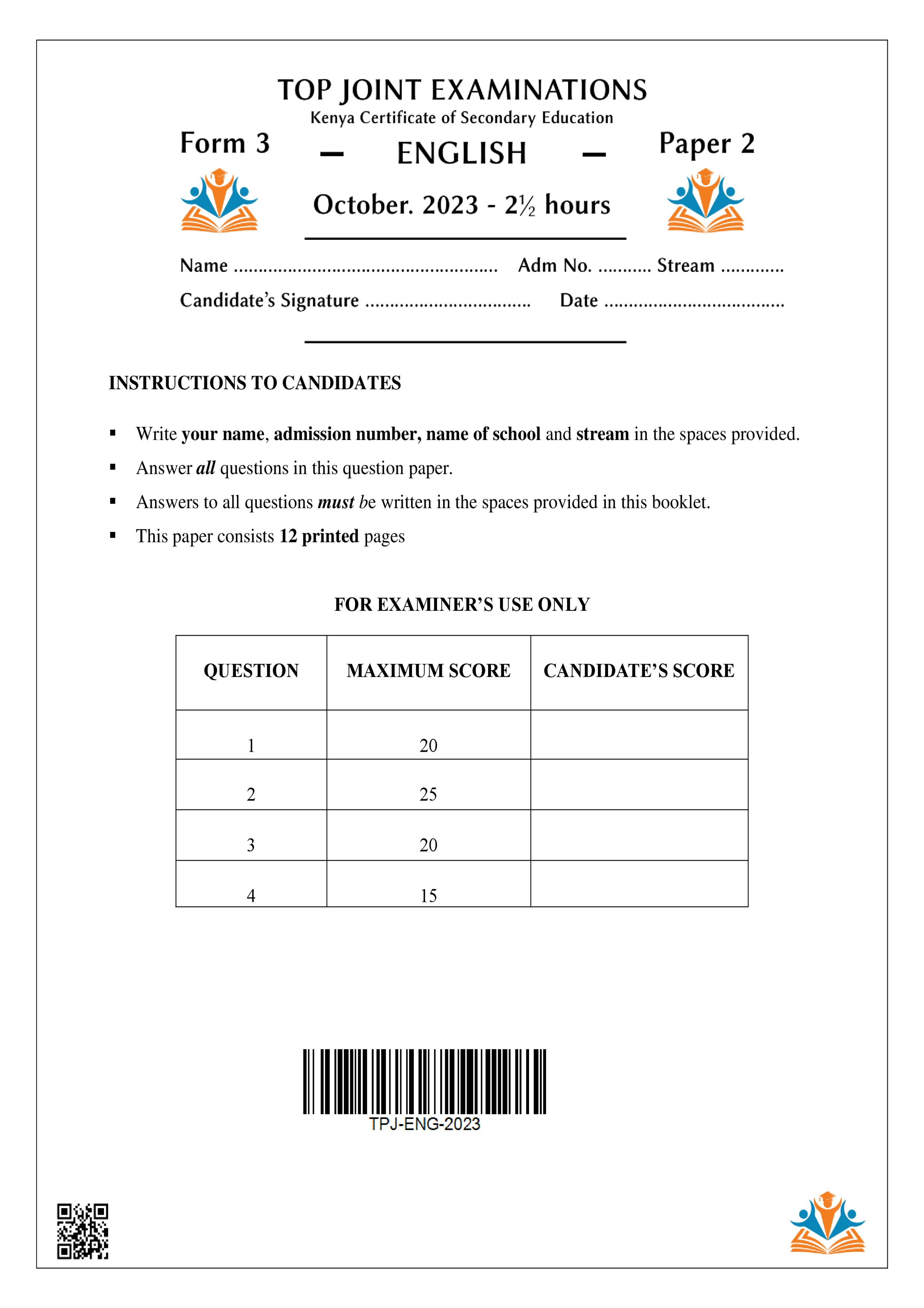 ENGLISH FORM 3 PAPER 2 END TERM 3 2023