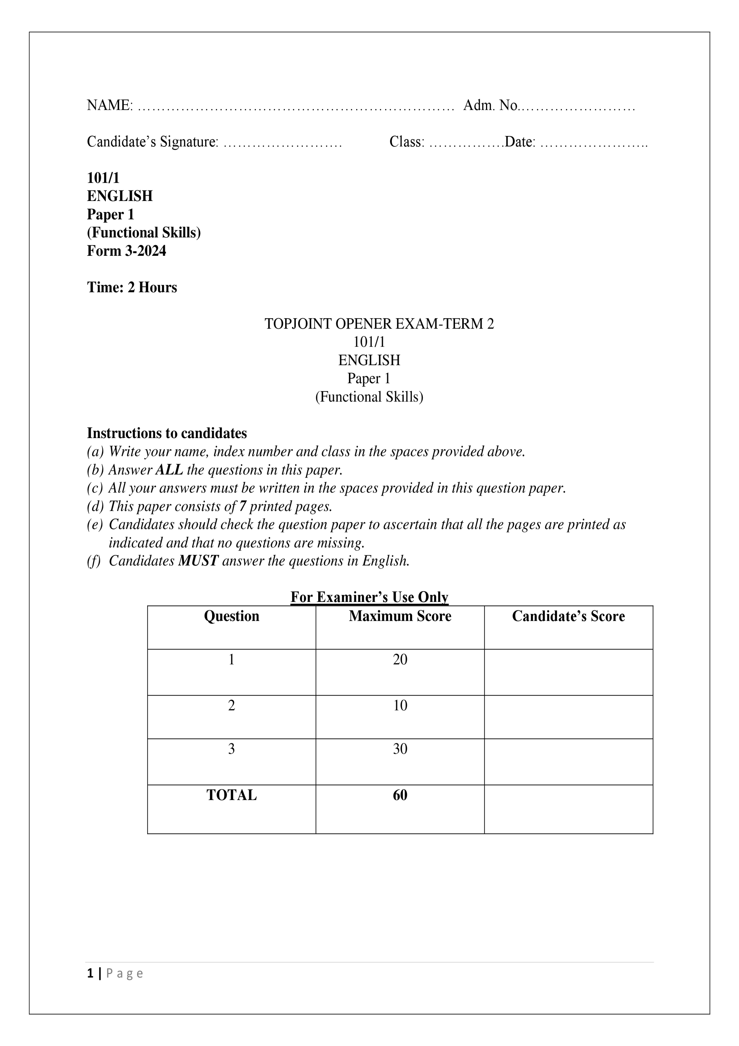 ENGLISH FORM 3 OPENER TERM 2 2024