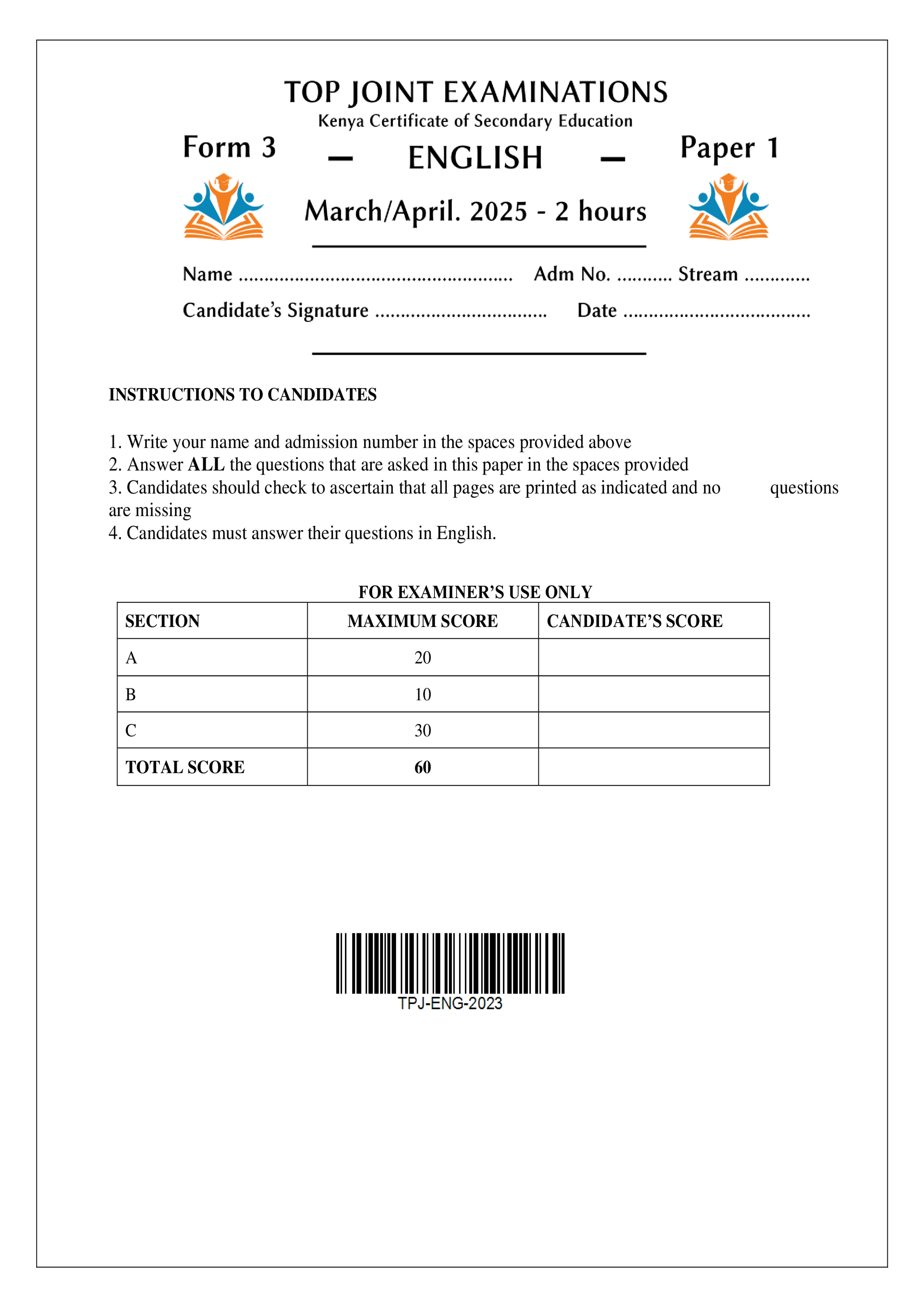 ENGLISH FORM 3 PAPER 1 END TERM 1 2025