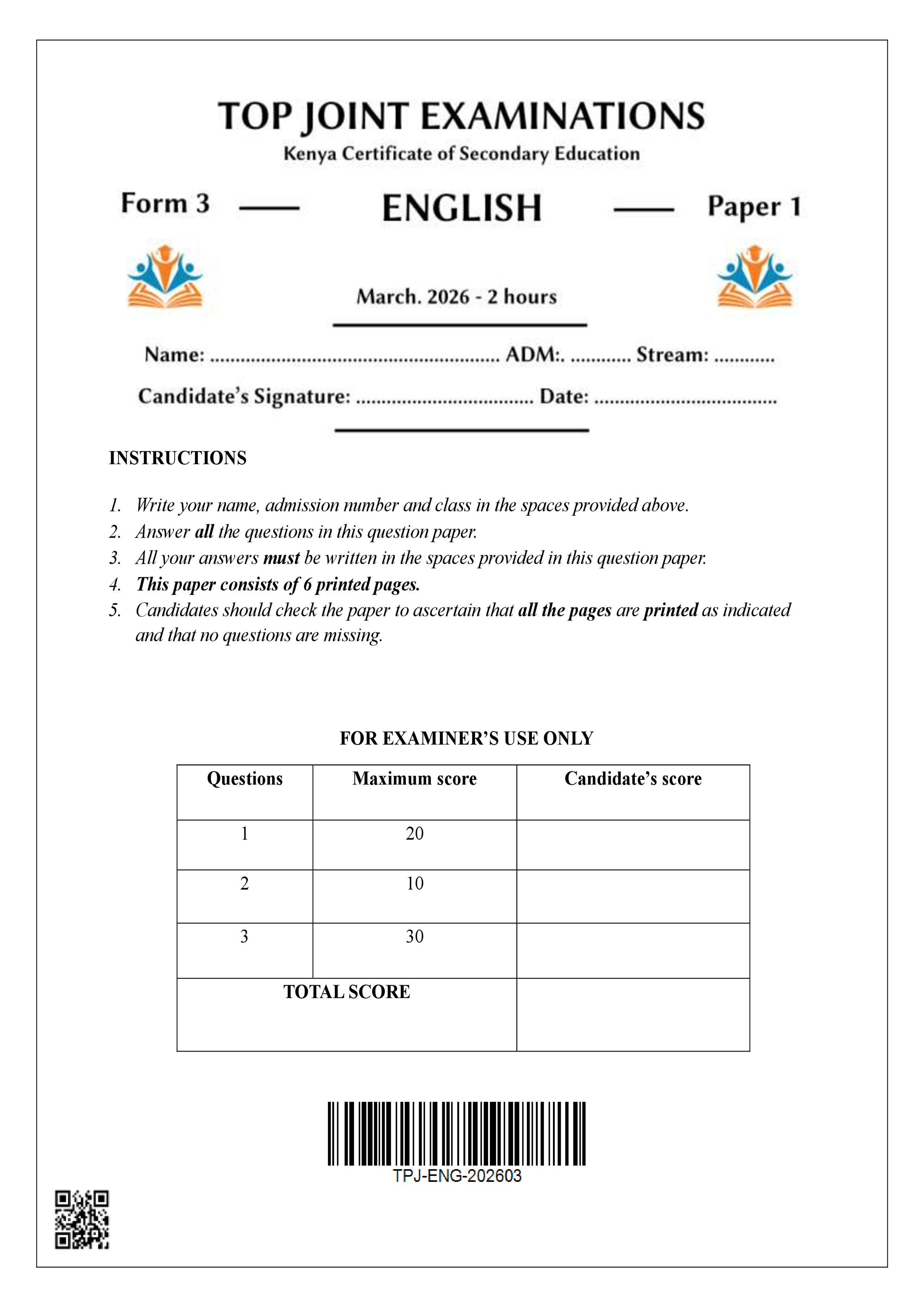 ENGLISH FORM 3 PAPER 1 END TERM 1 2026