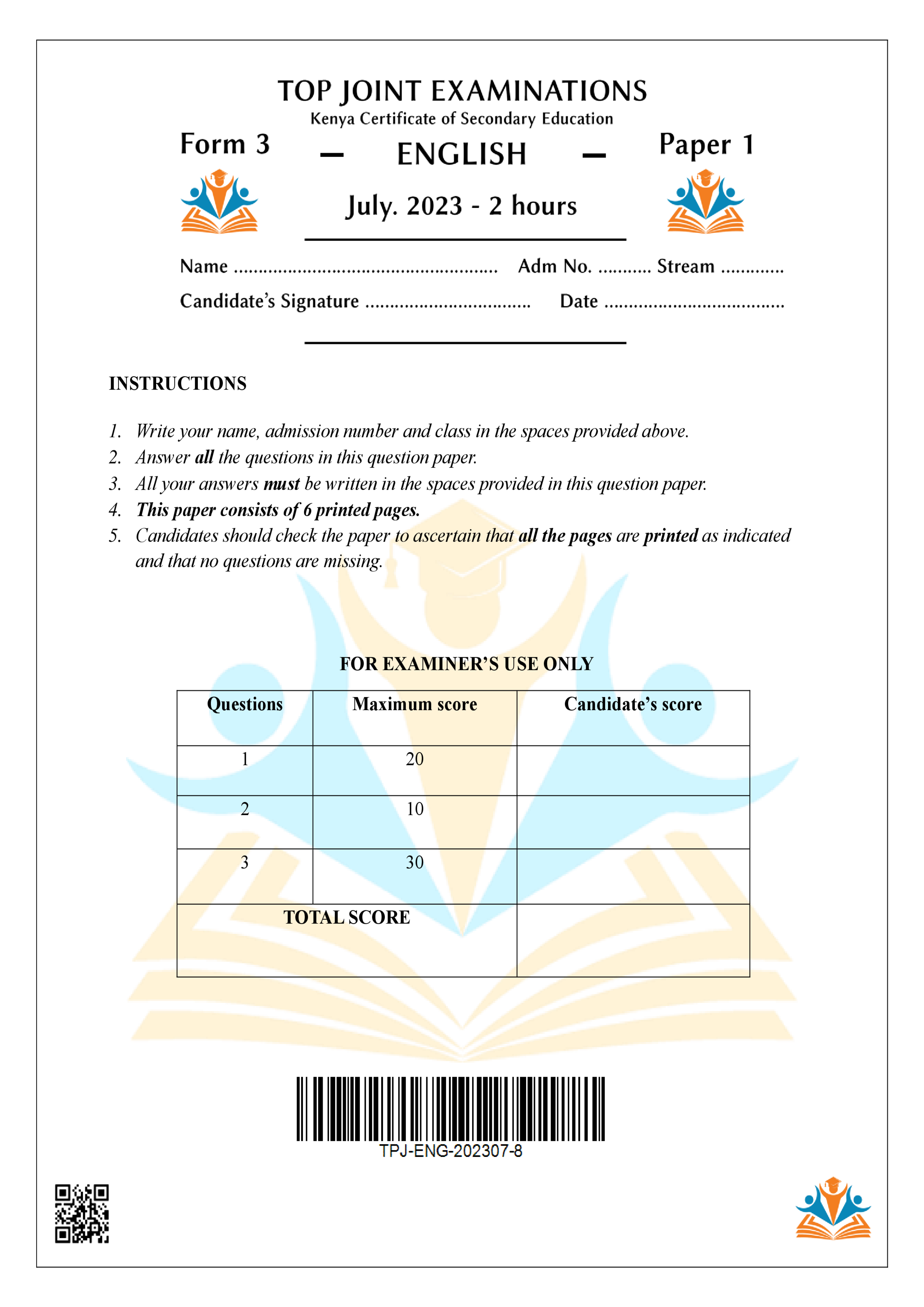 ENGLISH FORM 3 PAPER 1 END TERM 2 2023