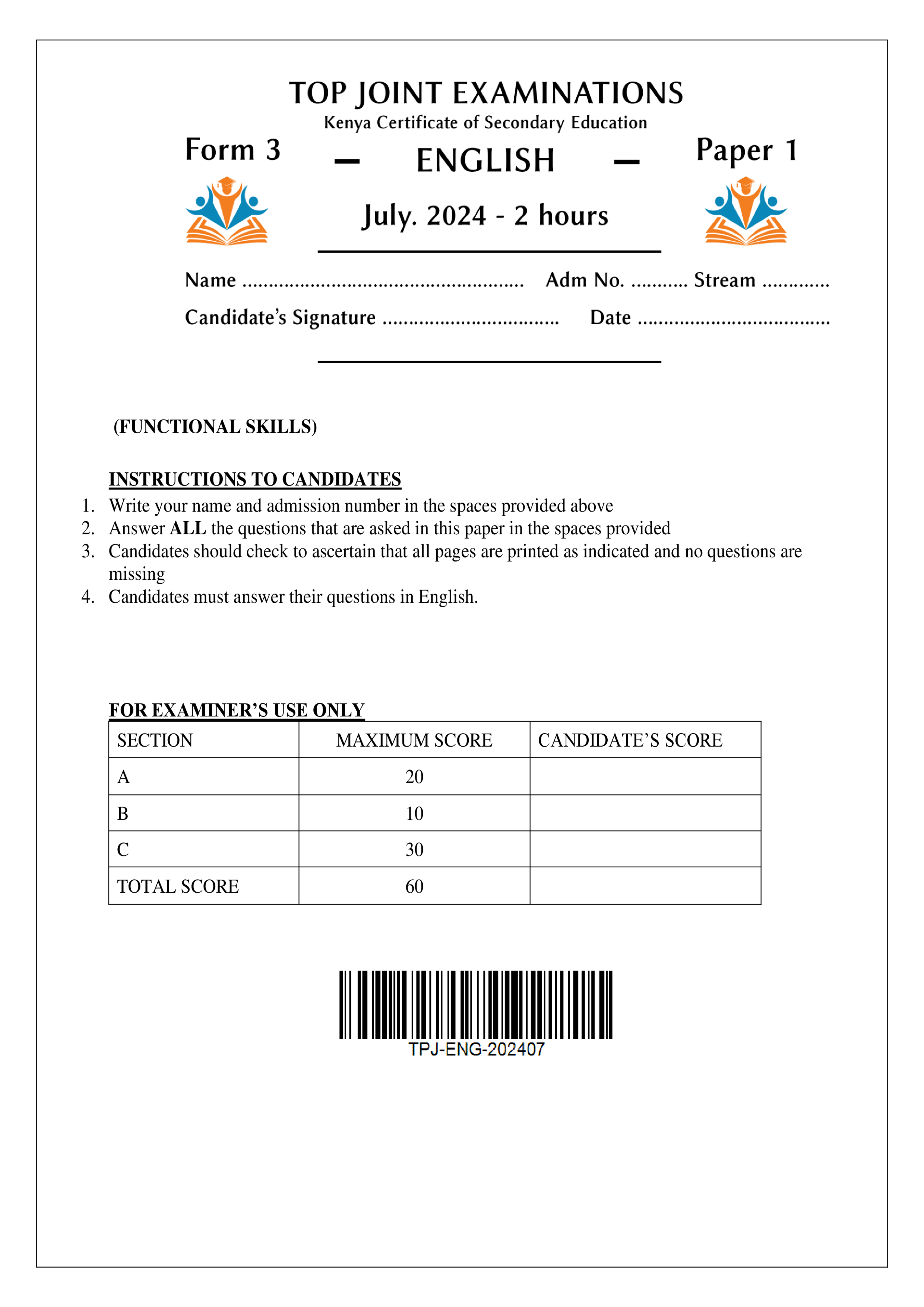ENGLISH FORM 3 PAPER 1 END TERM 2 2024
