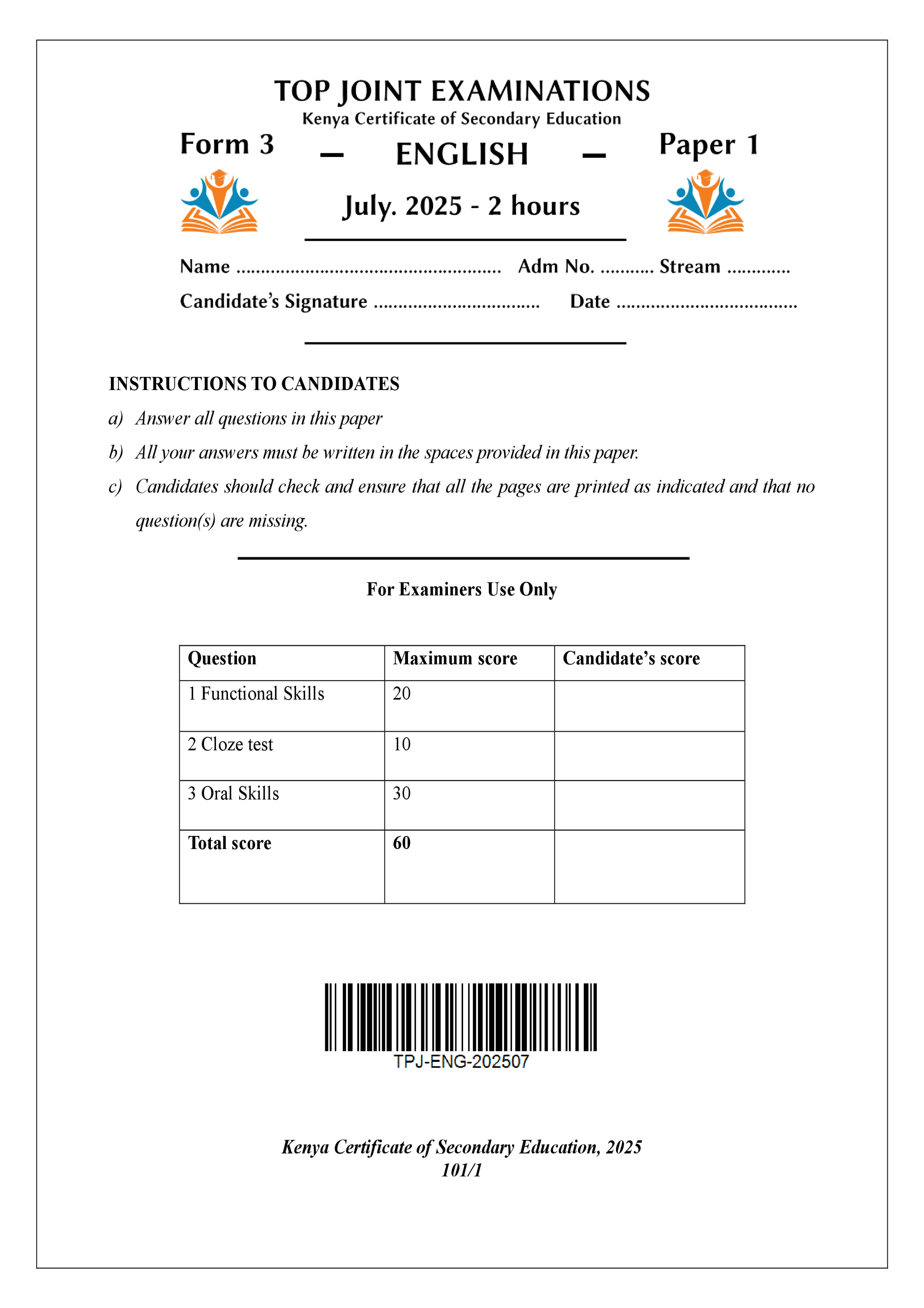 ENGLISH FORM 3 PAPER 1 END TERM 2 2025