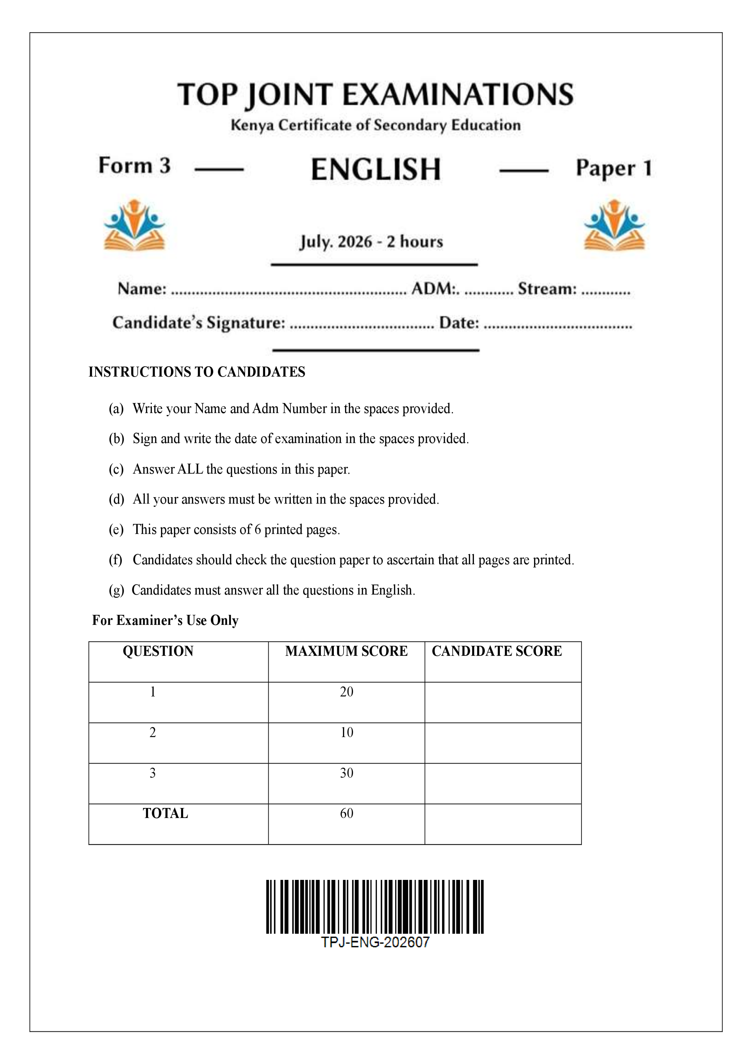 ENGLISH FORM 3 PAPER 1 END TERM 2 2026