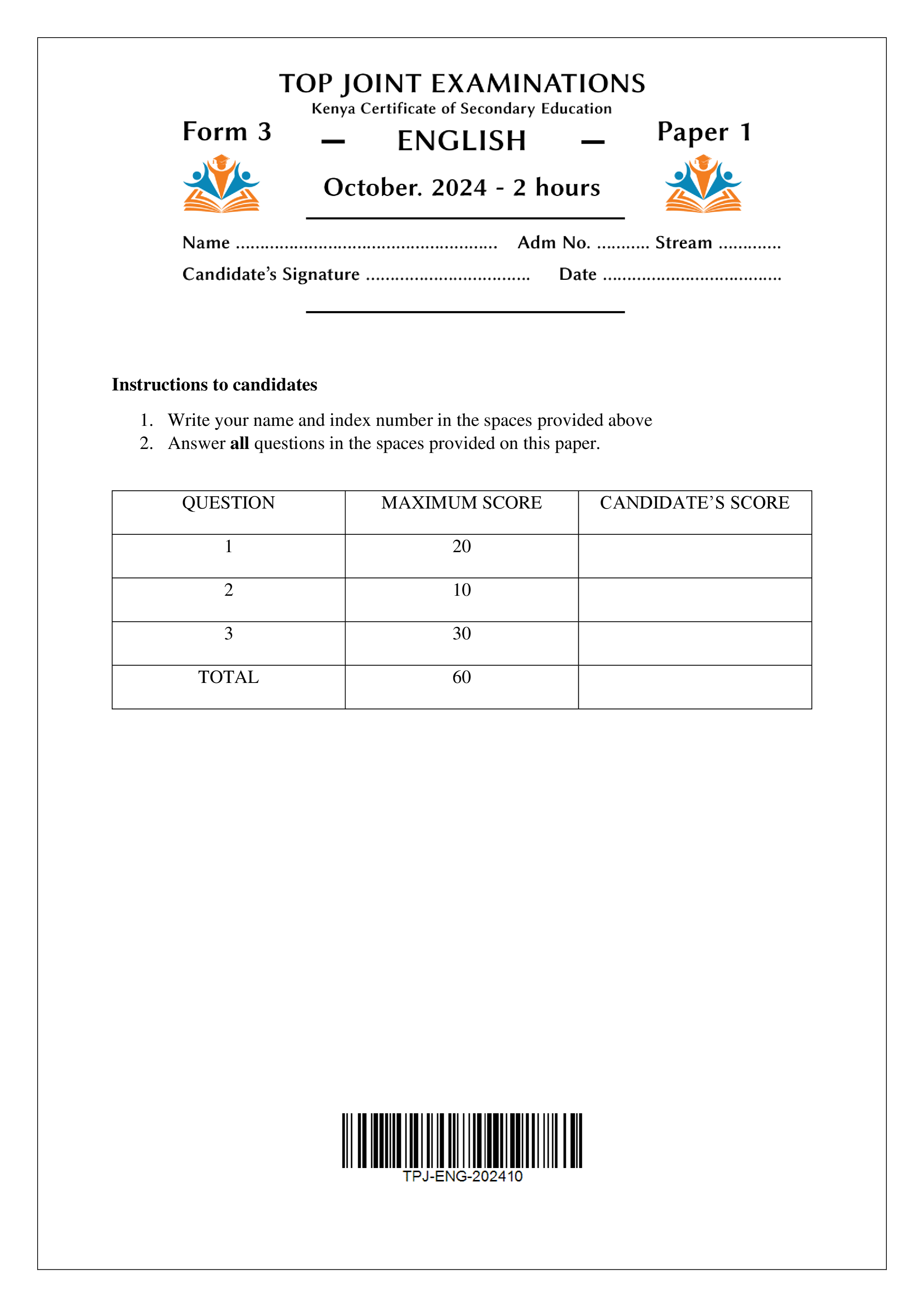 ENGLISH FORM 3 PAPER 1 END TERM 3 2024