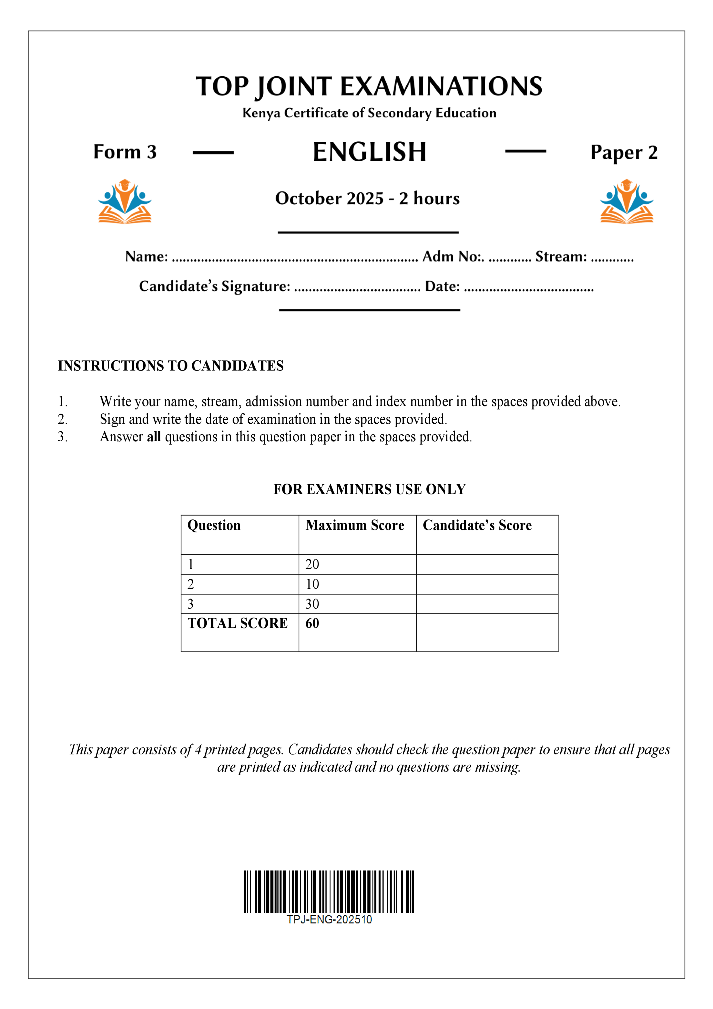 ENGLISH FORM 3 PAPER 1 END TERM 3 2025