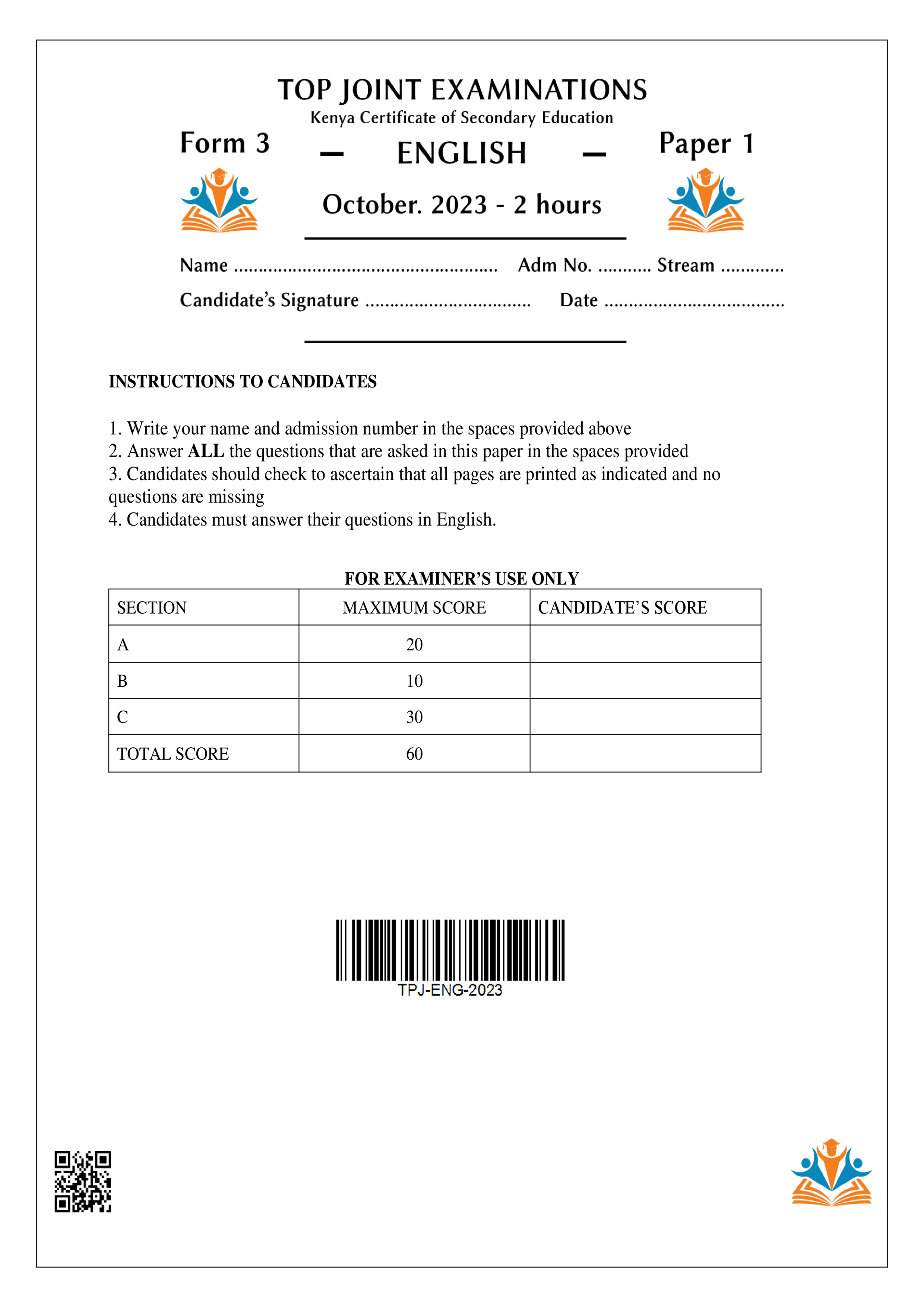 ENGLISH FORM 3 PAPER 1 END TERM 3 2023