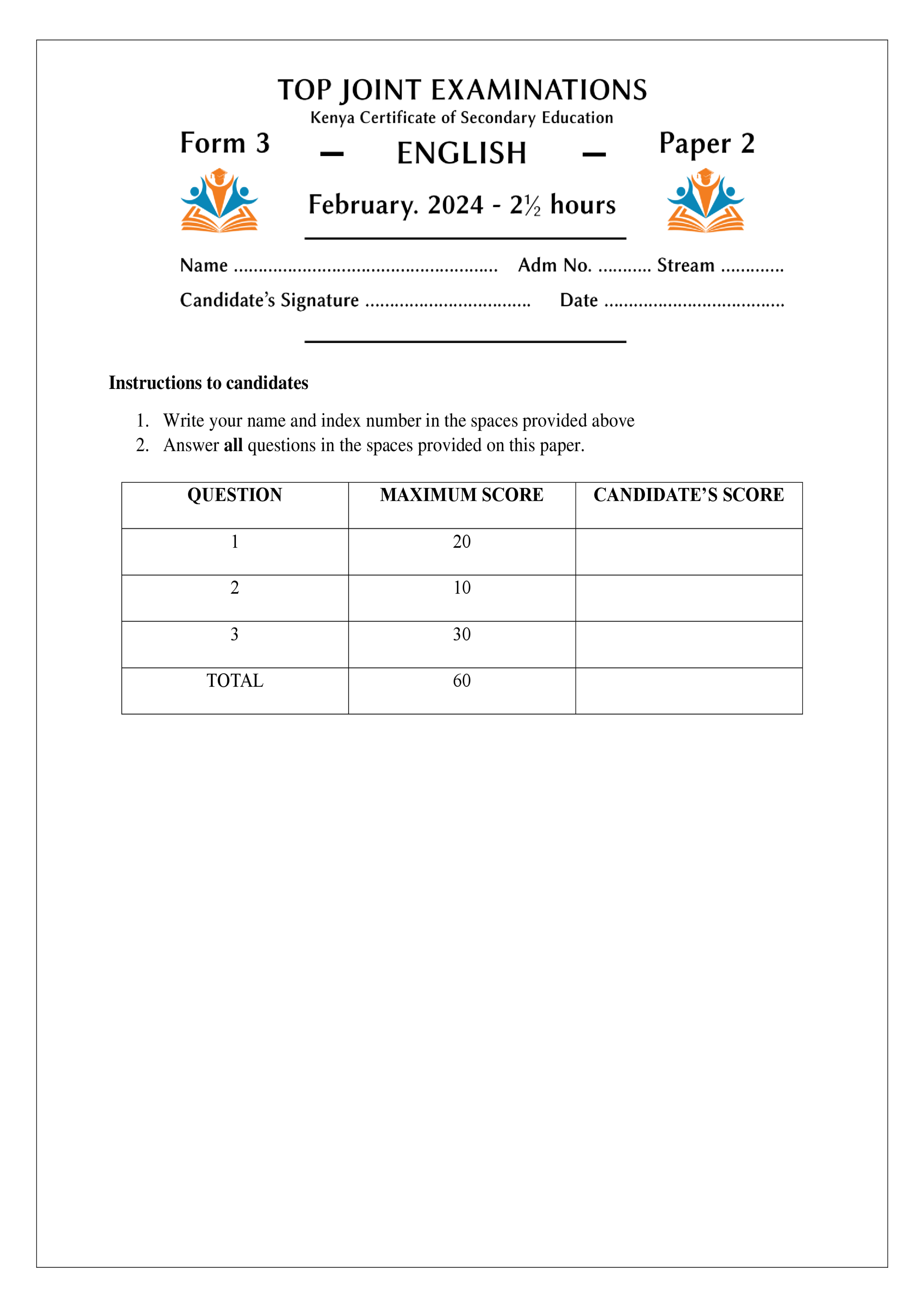 ENGLISH FORM 3 PAPER 1 MID TERM 1 2024
