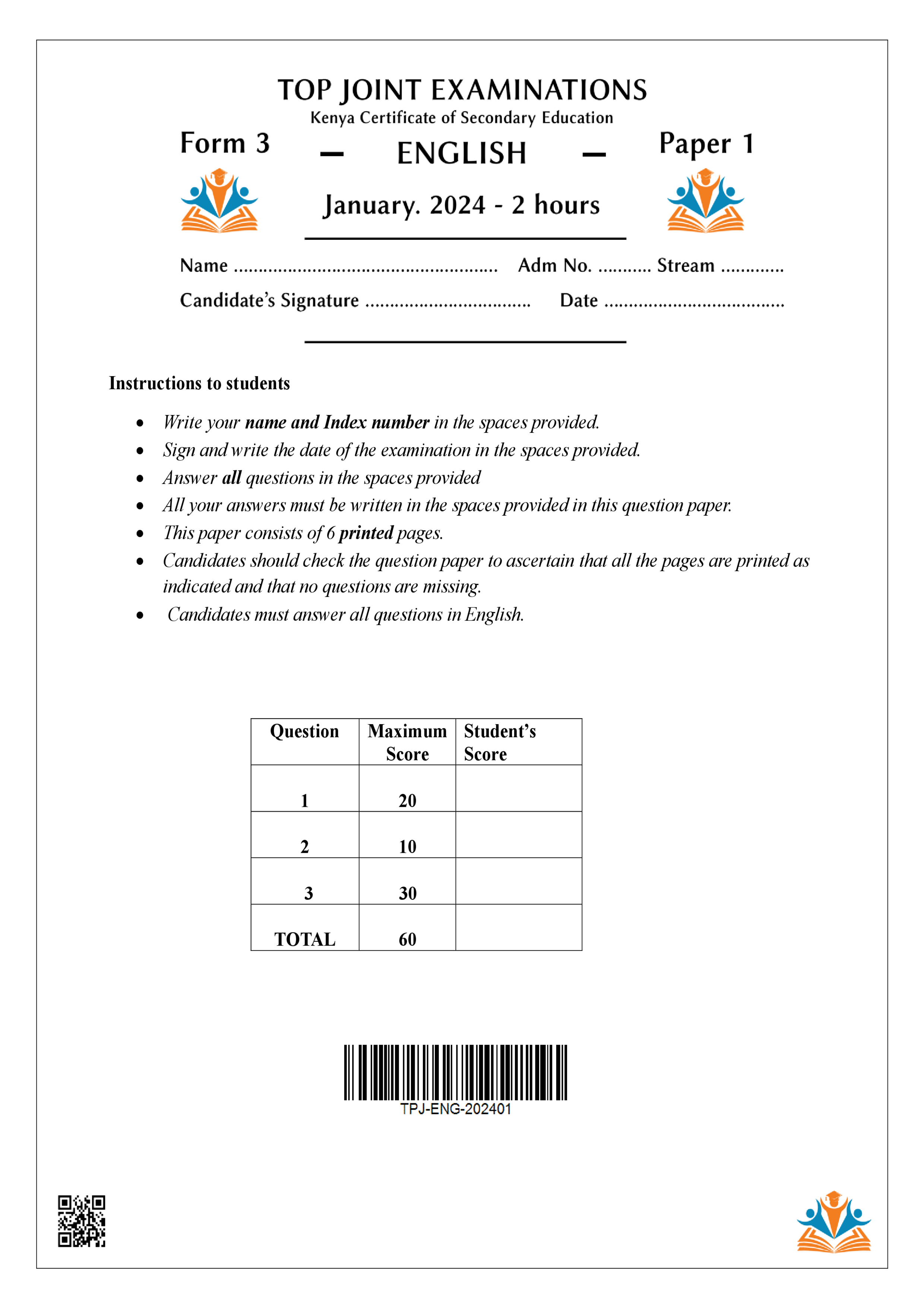 ENGLISH FORM 3 PAPER 1 OPENER TERM 1 2024
