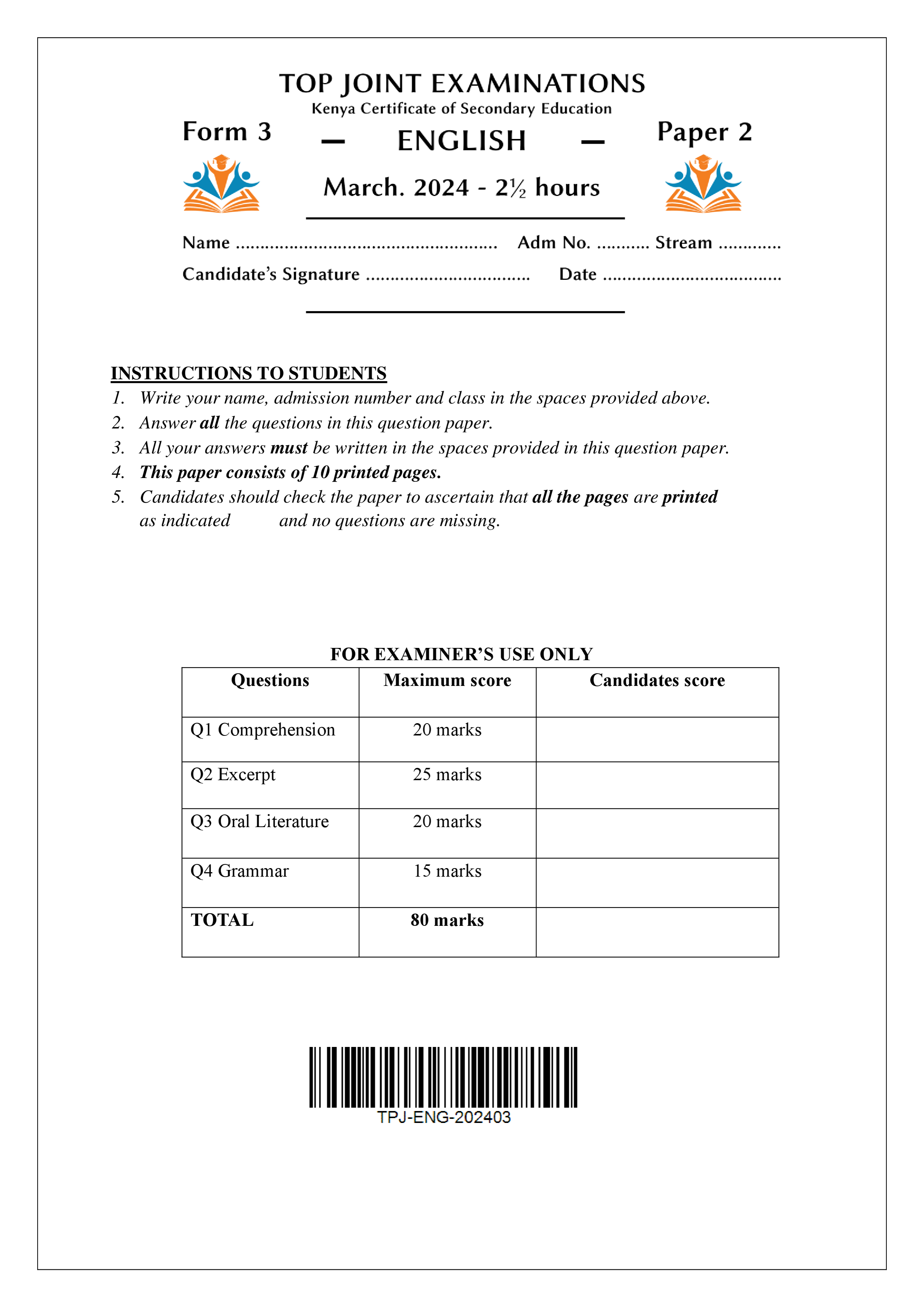 ENGLISH FORM 3 PAPER 2 END TERM 1 2024