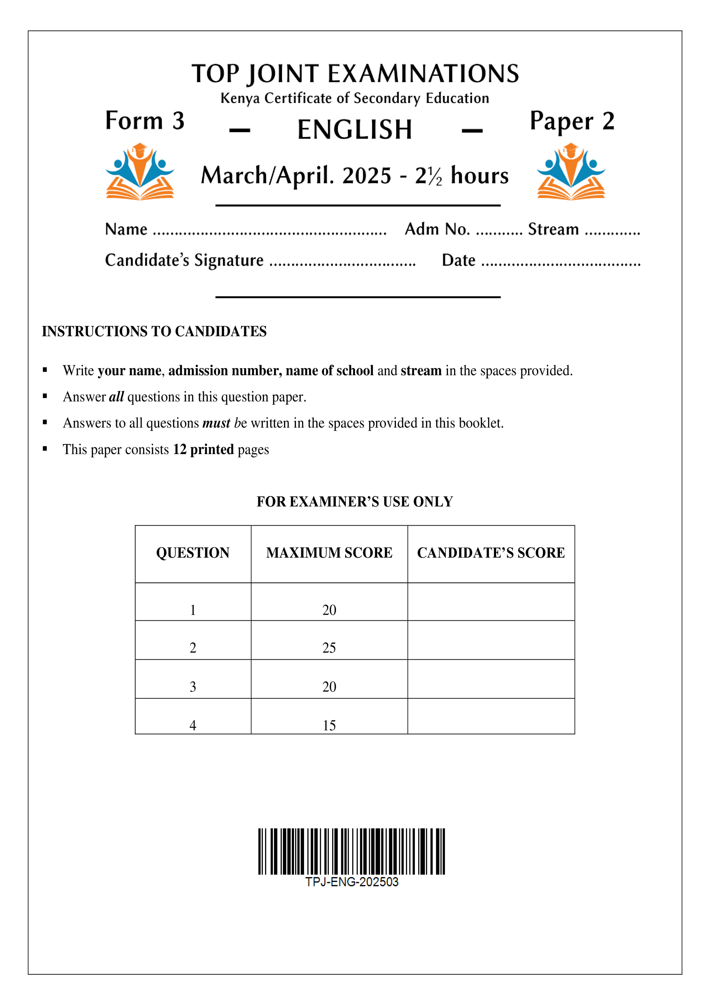 ENGLISH FORM 3 PAPER 2 END TERM 1 2025