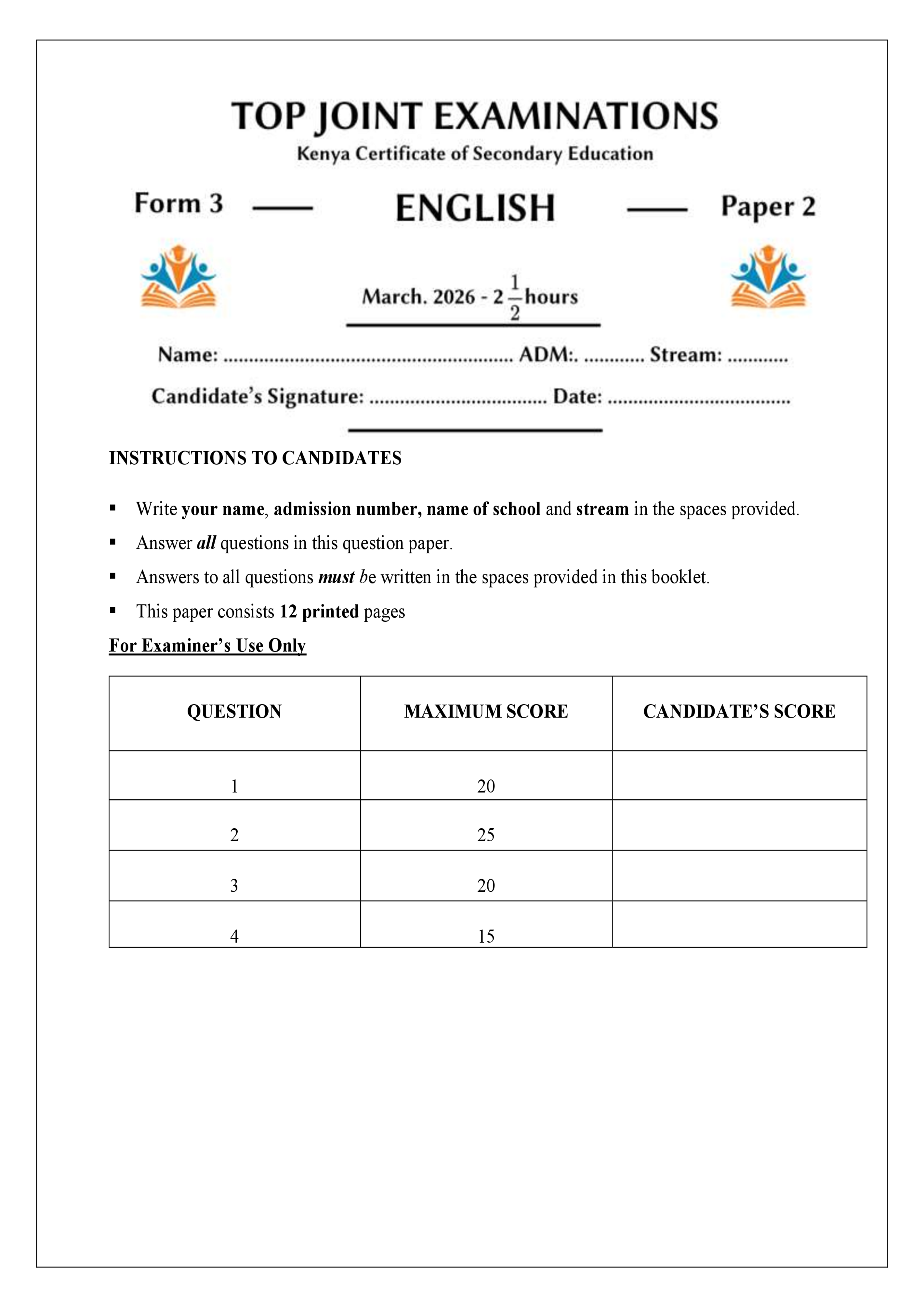 ENGLISH FORM 3 PAPER 2 END TERM 1 2026