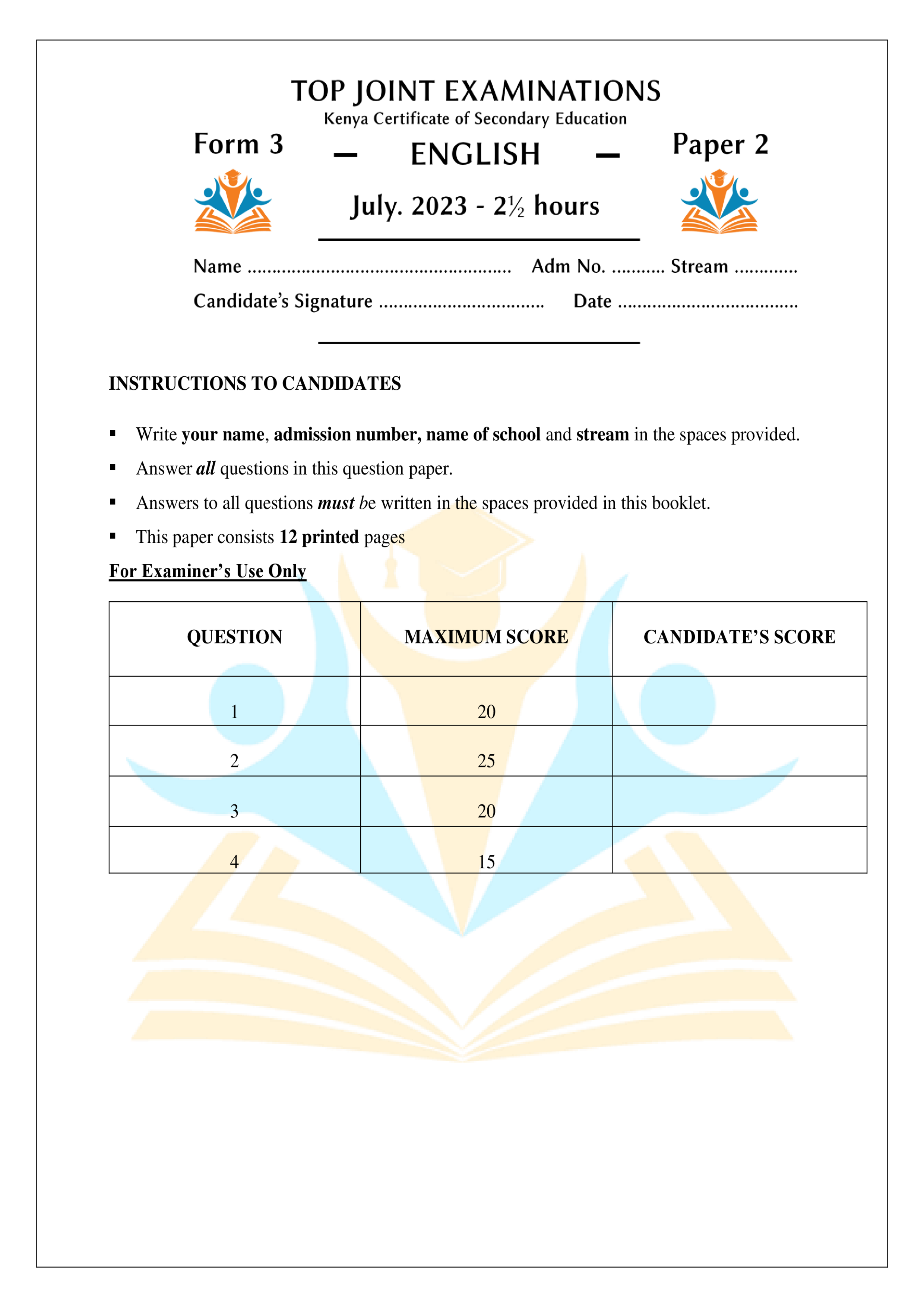 ENGLISH FORM 3 PAPER 2 END TERM 2 2023