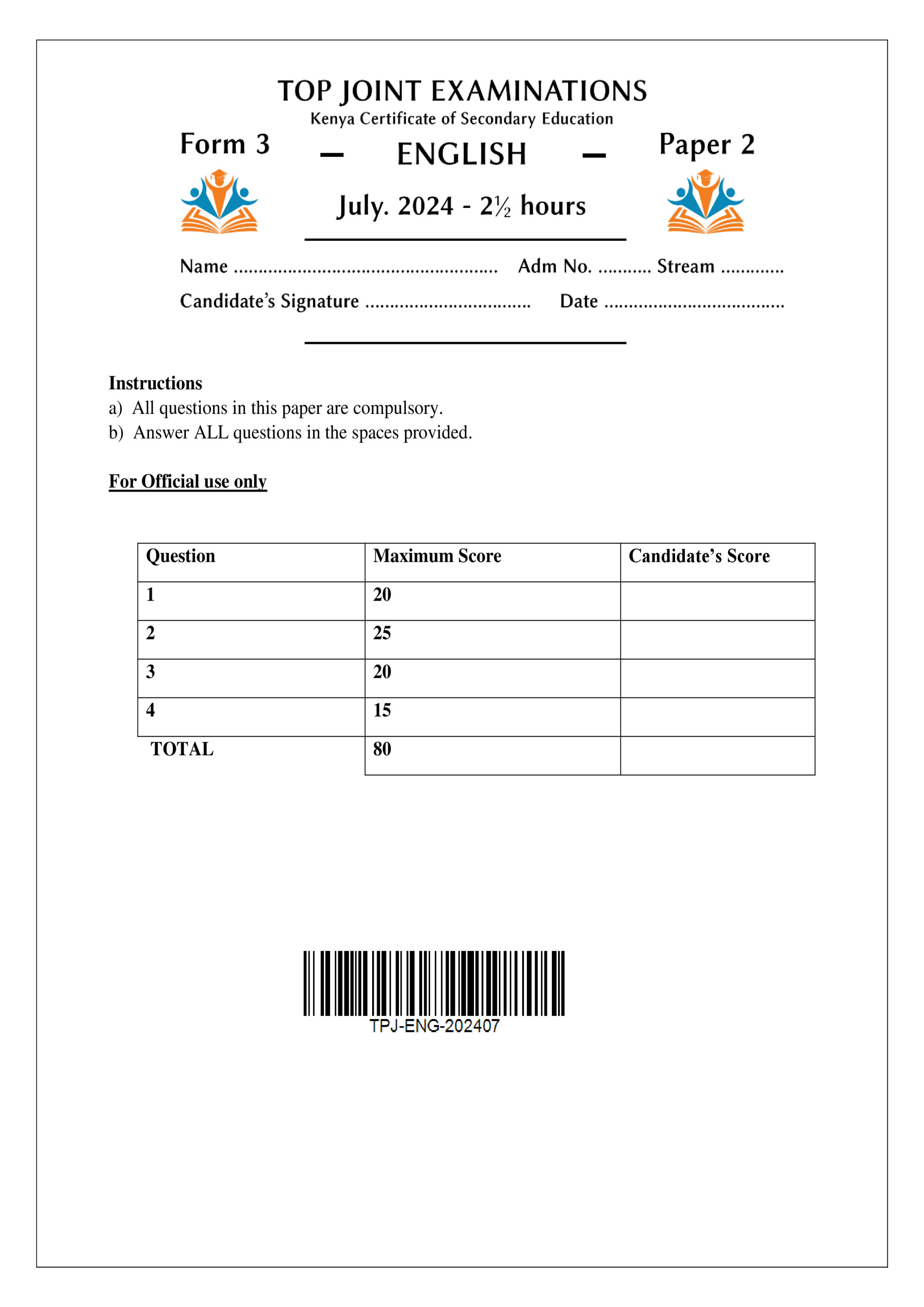 ENGLISH FORM 3 PAPER 2 END TERM 2 2024