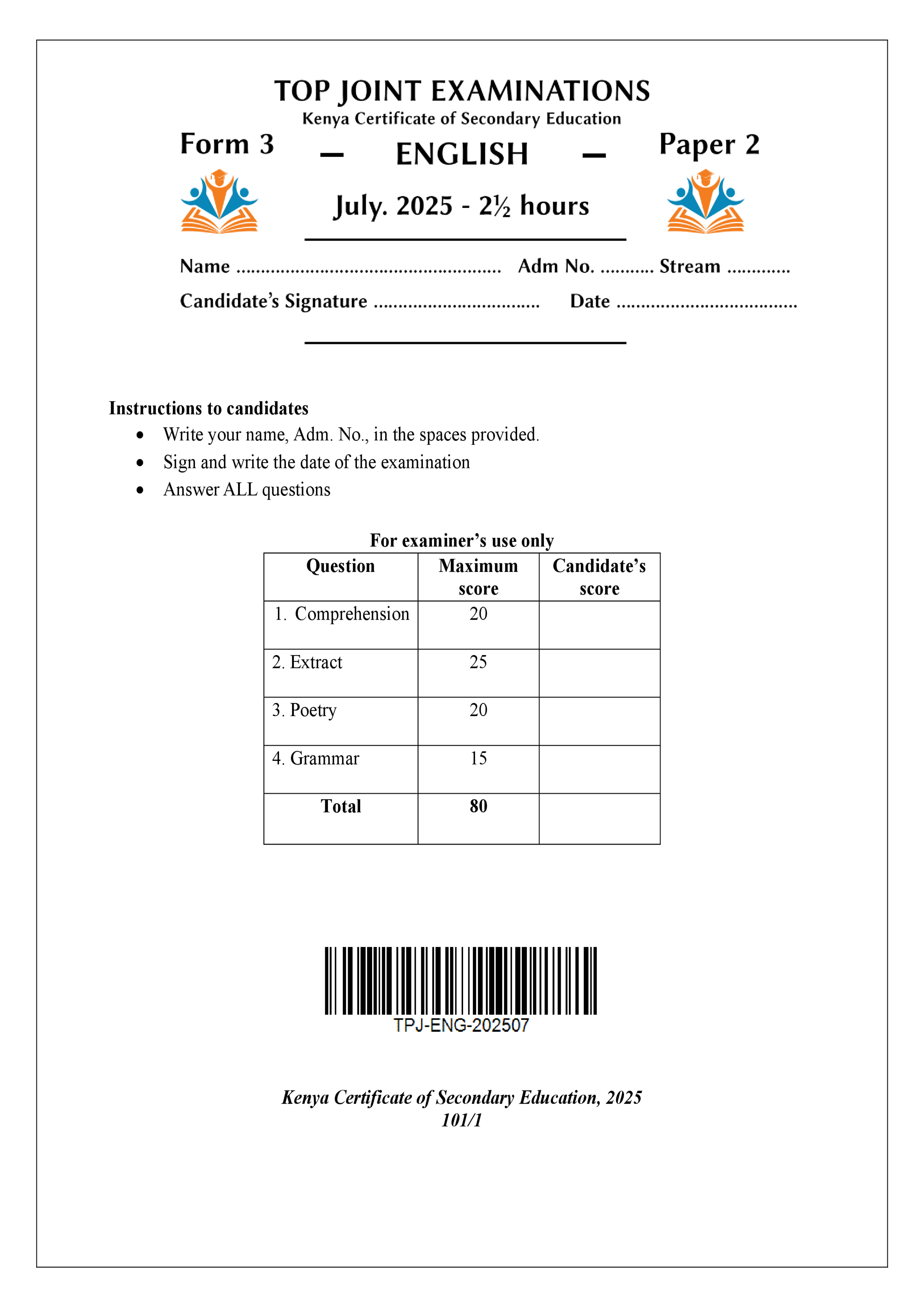 ENGLISH FORM 3 PAPER 2 END TERM 2 2025