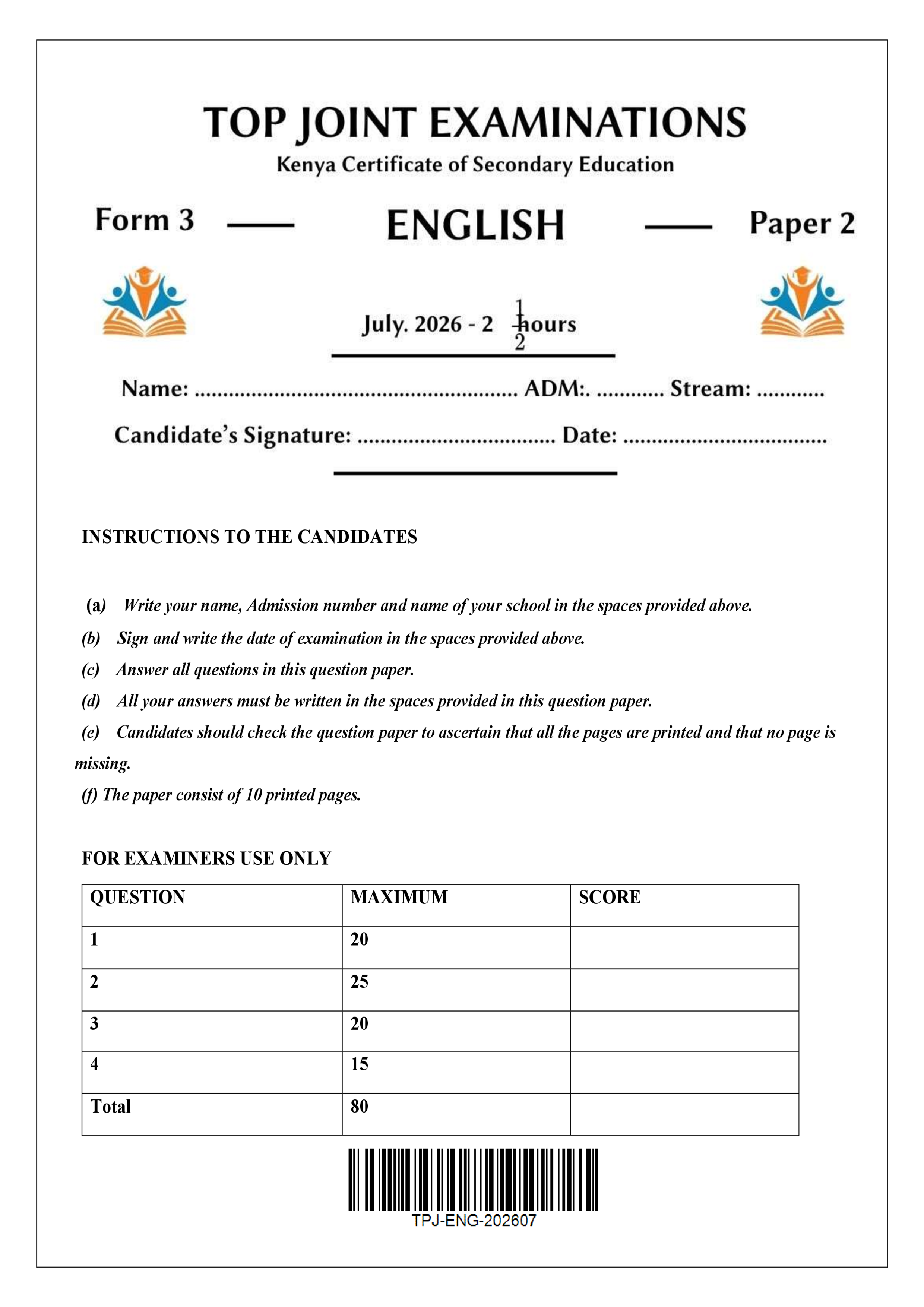 ENGLISH FORM 3 PAPER 2 END TERM 2 2026