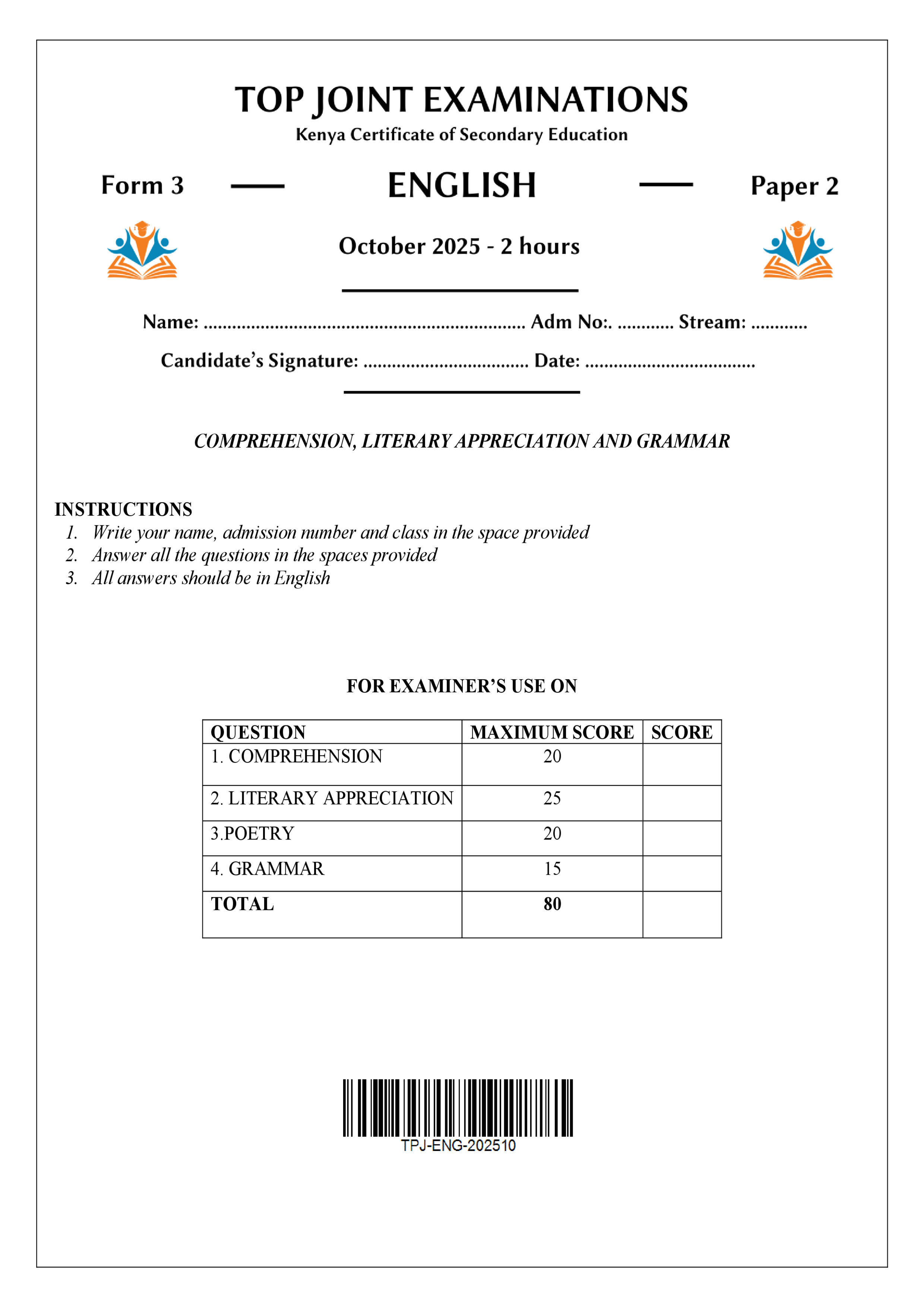 ENGLISH FORM 3 PAPER 2 END TERM 3 2025