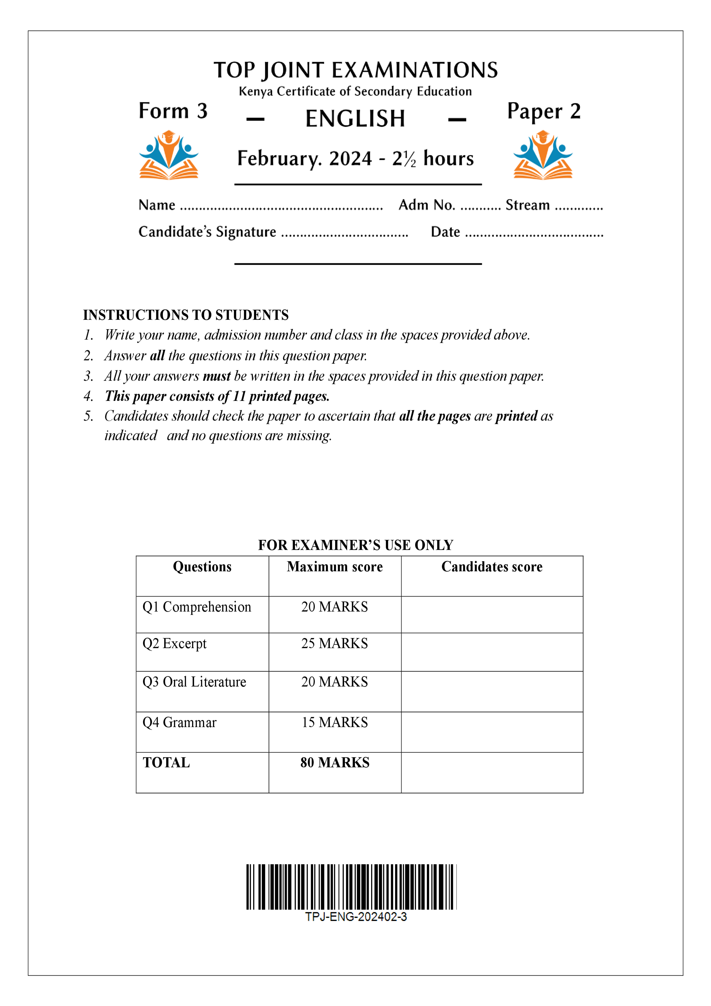 ENGLISH FORM 3 PAPER 2 MID TERM 1 2024